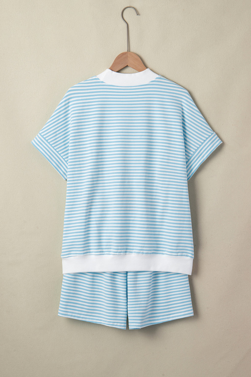 Striped Cuffed Sleeve Mock Neck Tee & Shorts Co-ord | Sky Blue, Pink & Green