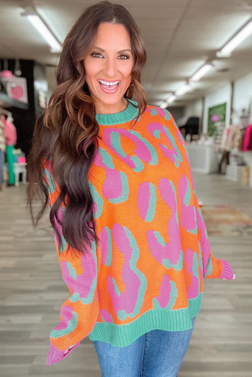 Orange Leopard Colourblock Ribbed Edge Sweater