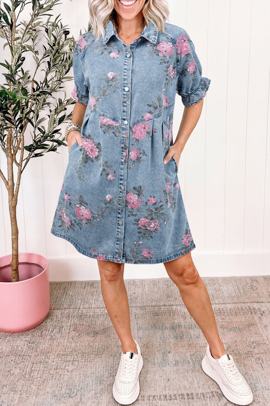 Sky Blue Floral Denim Dress Short Sleeve Button Down Colour Block Collar S-XL