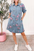 Sky Blue Floral Denim Dress Short Sleeve Button Down Colour Block Collar S-XL