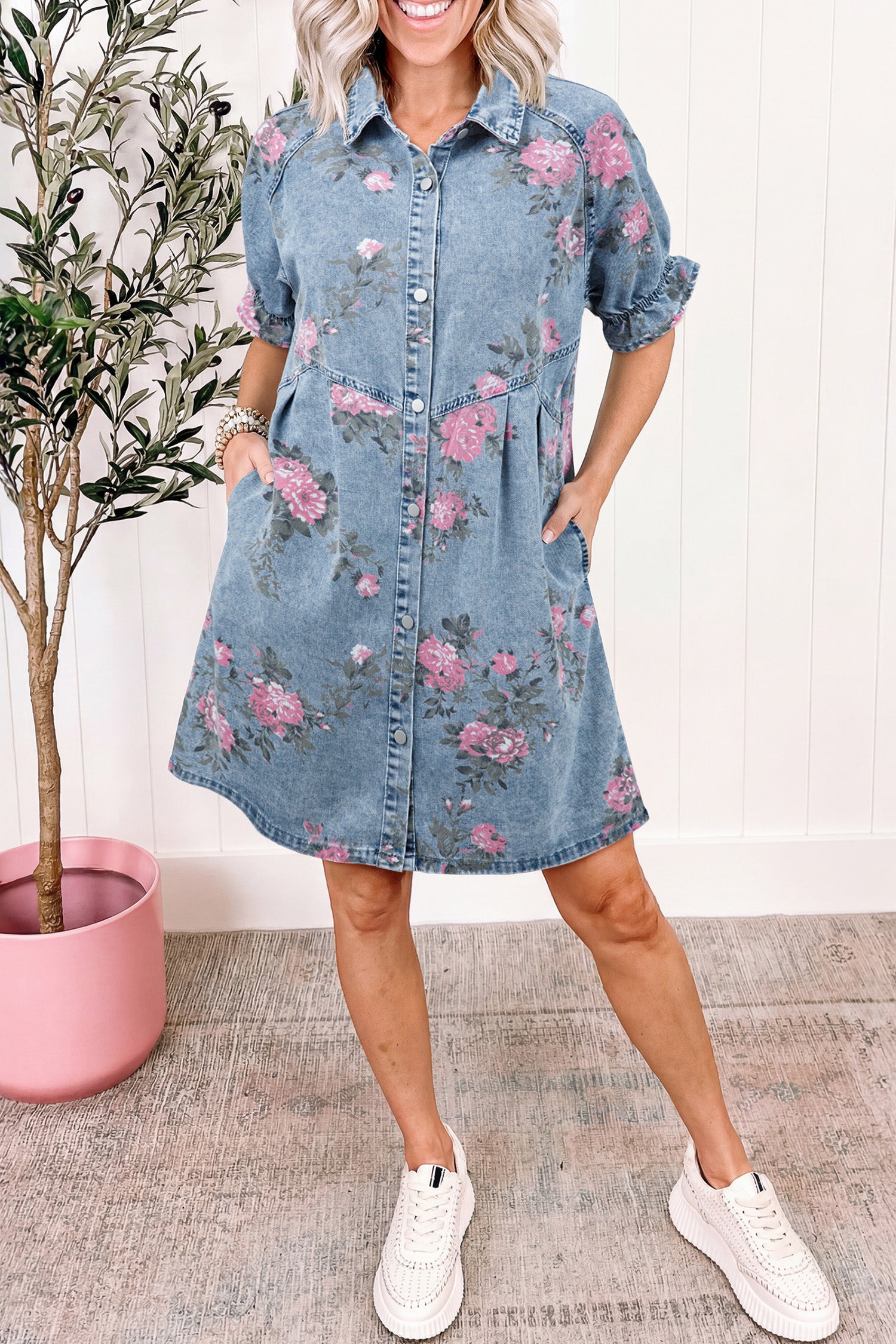 Sky Blue Floral Denim Dress Short Sleeve Button Down Colour Block Collar S-XL