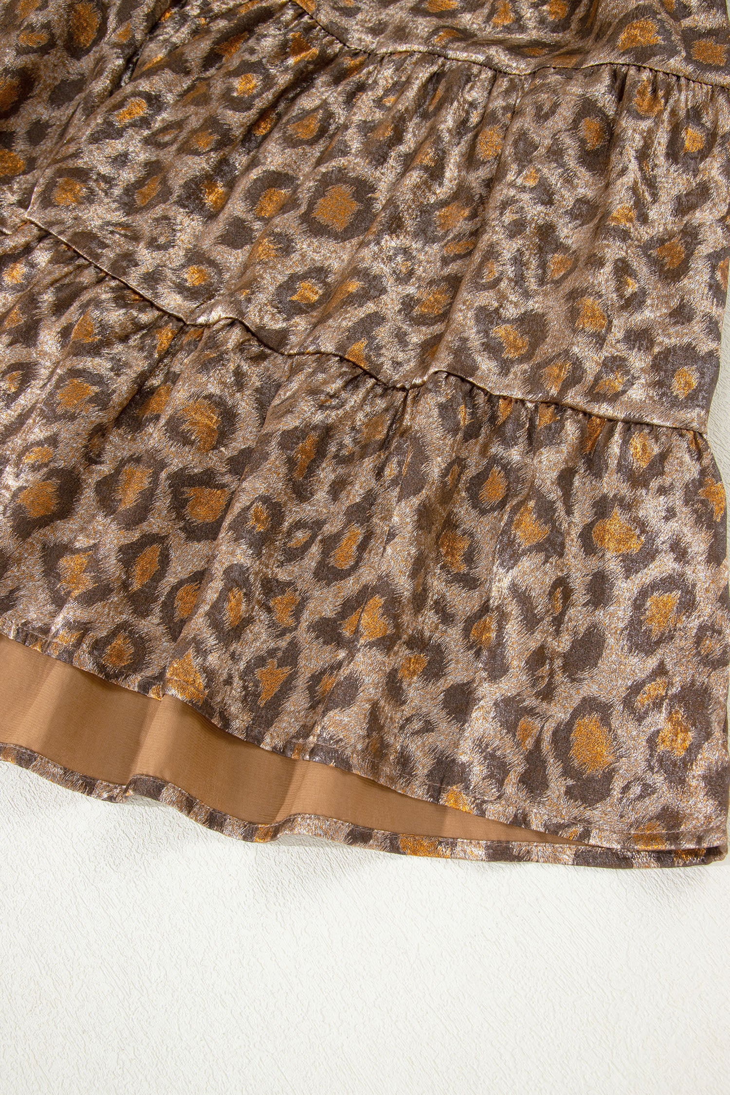 Women's Khaki Leopard Print V Neck Ruffled Sleeve Tiered Mini Dress at LivelyLooks