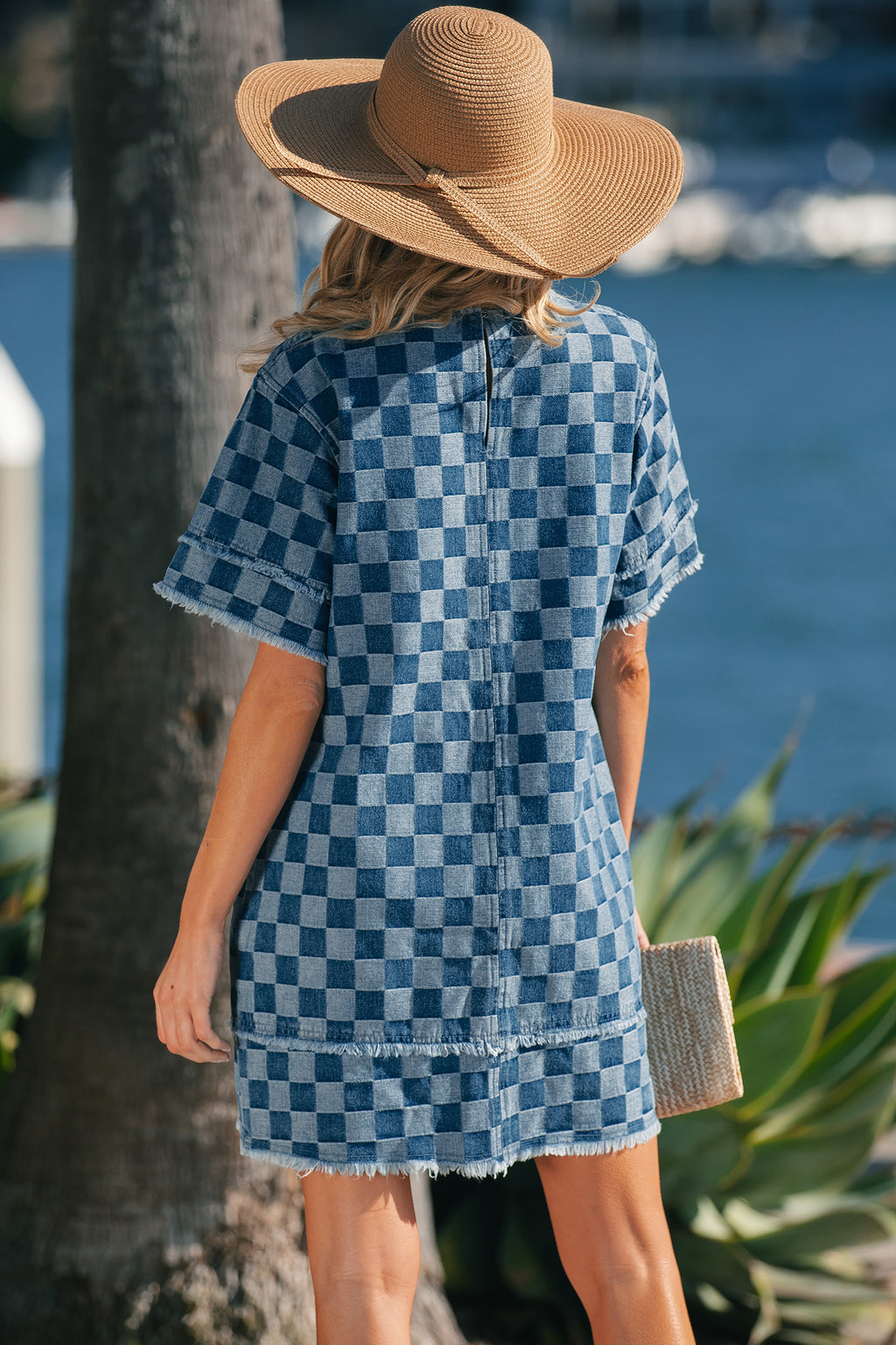 LivelyLooks Checkered Frayed Hem Patchwork Denim Mini Dress Blue S-XL women's fashion