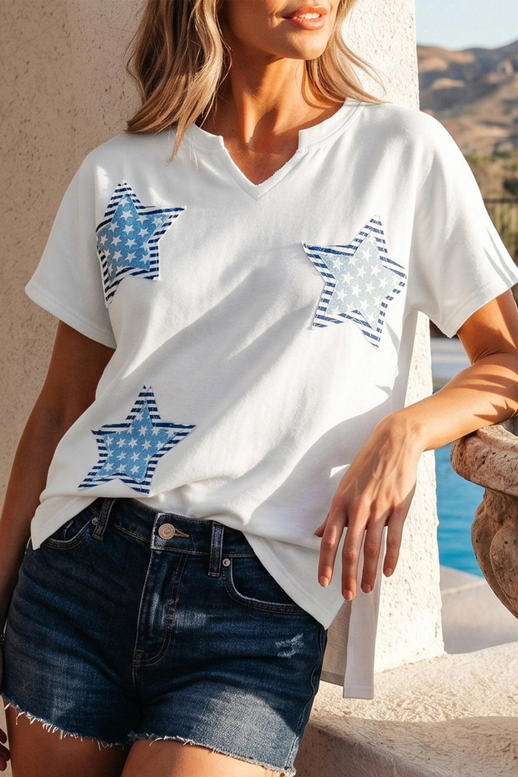 White & Sky Blue Star Patch Notched Neck Mineral Wash Dolman Tee