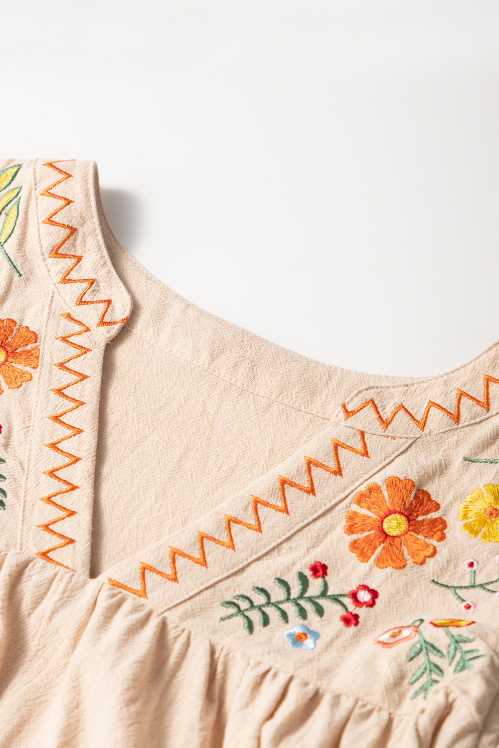Shop Floral Embroidery Pom Pom Ruffle Sleeve Split Neck Mini Dress | S-XL at LivelyLooks