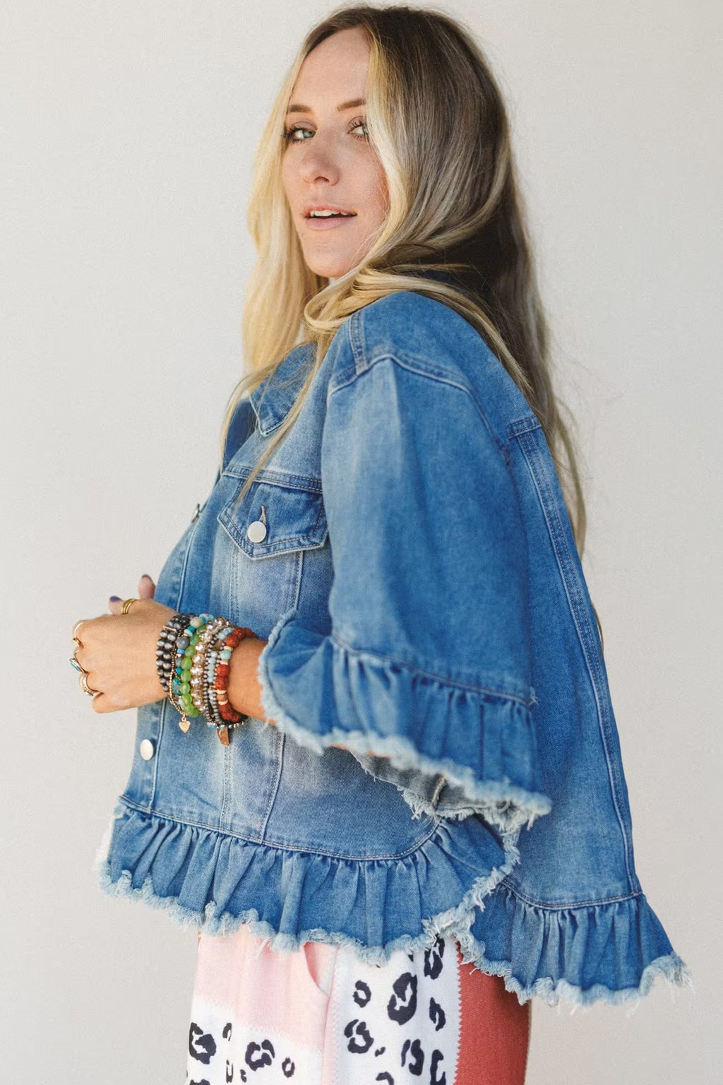 Blue Ruffle Hem Raw Edge Half Sleeve Western Denim Jacket | UK 8–22