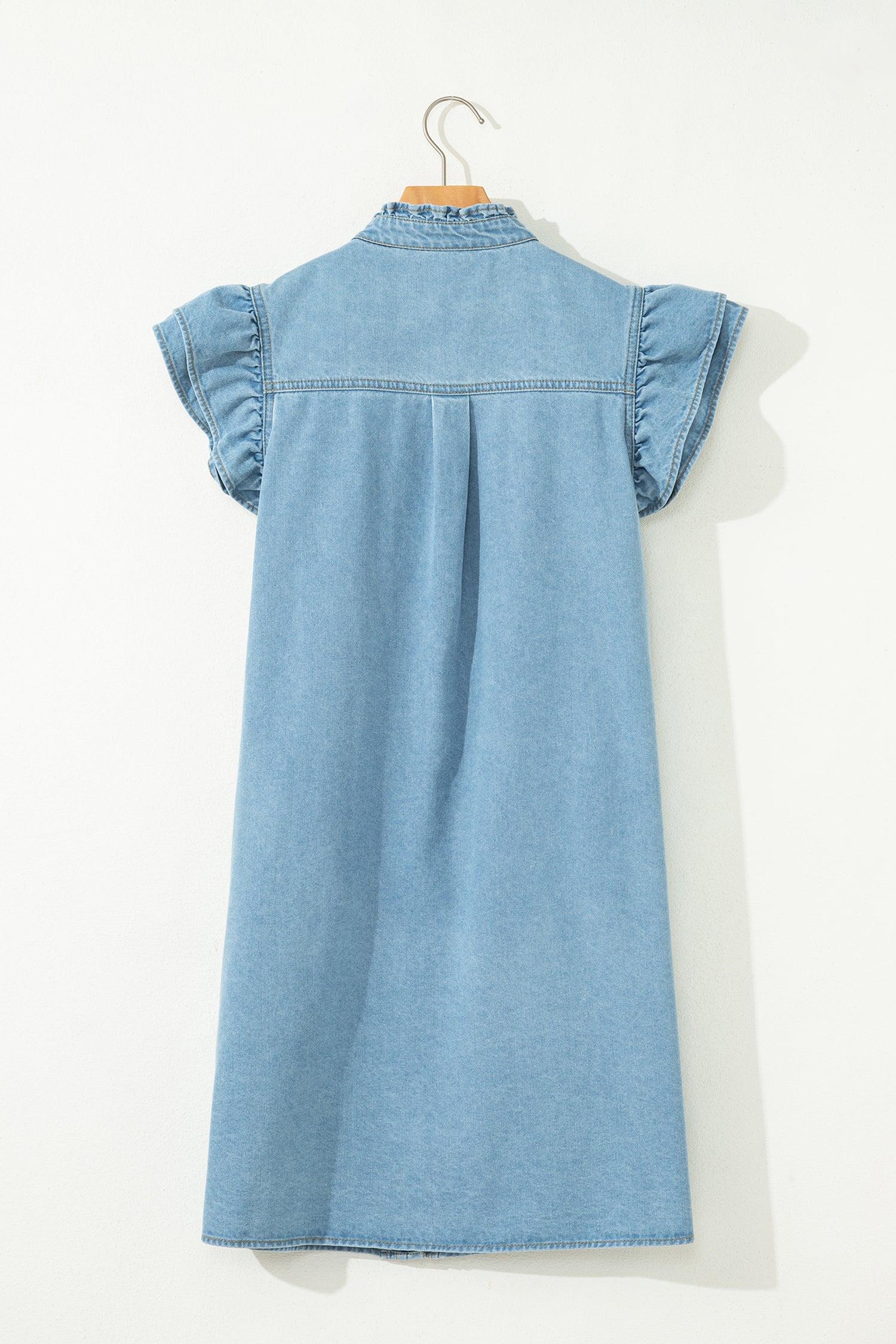 Red Sandalwood & Blue Frilled Button Down Ruffle Sleeve Denim Mini Dress S-XL