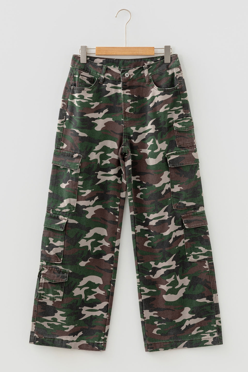 Green Camo Cargo Wide Leg Denim Pants