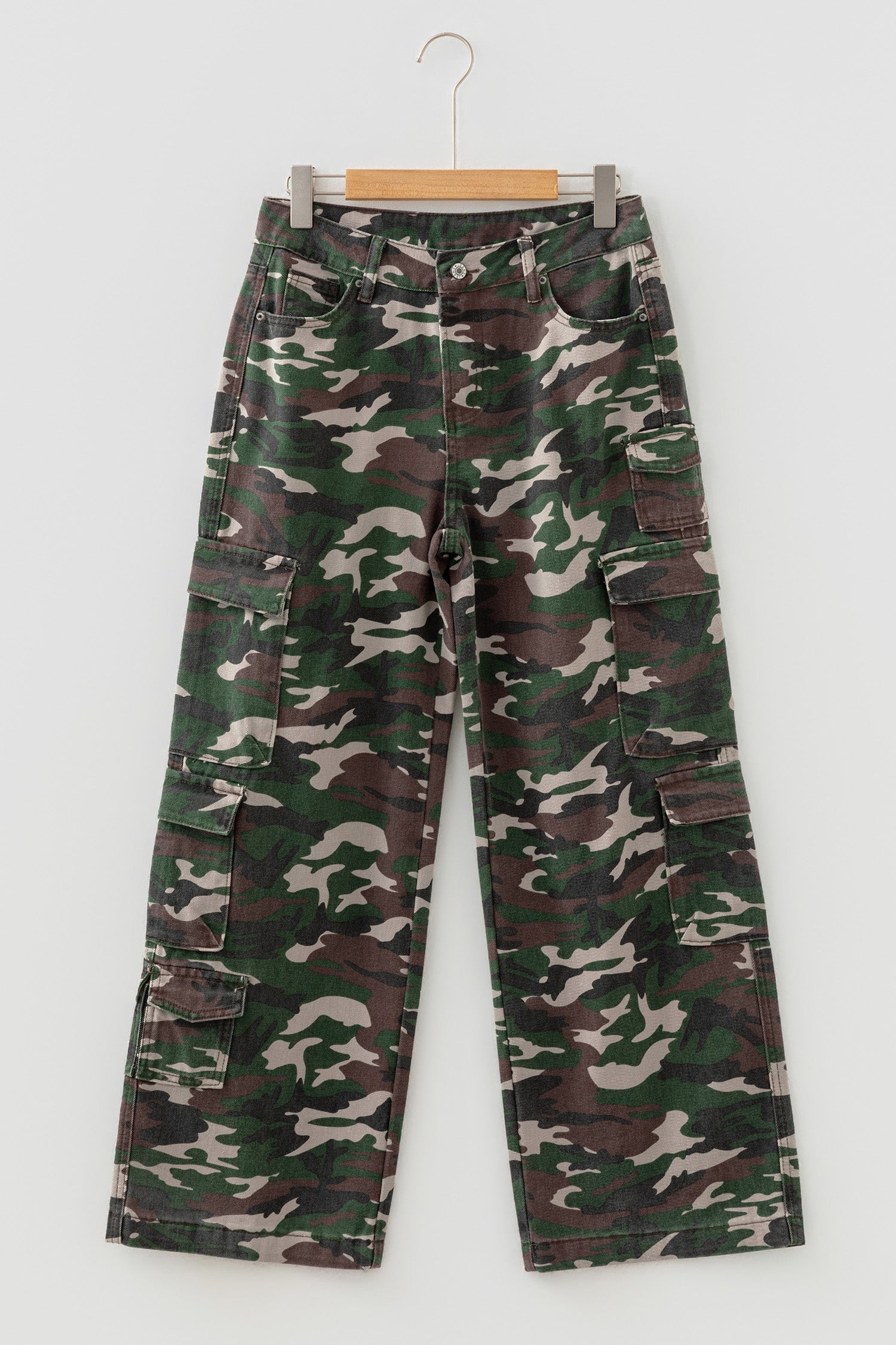 Green Camo Cargo Wide Leg Denim Pants