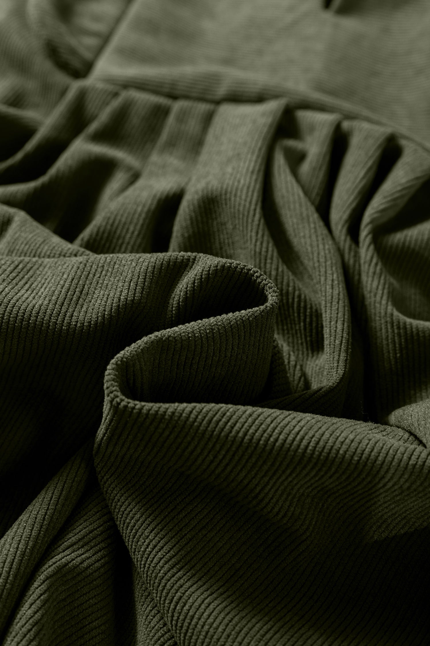 Corduroy Mini Dress Scallop Detail Split Neck Bracelet Sleeve Moss Green Cinnamon S-XL