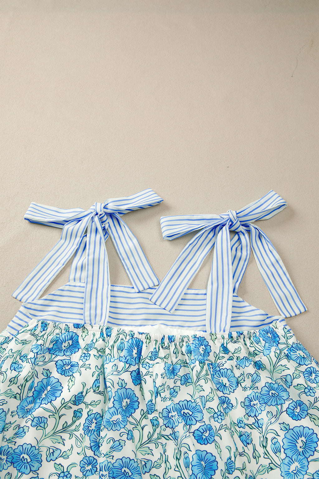 Sky Blue & Pink Floral Striped Bow Knot Strap Mini Dress