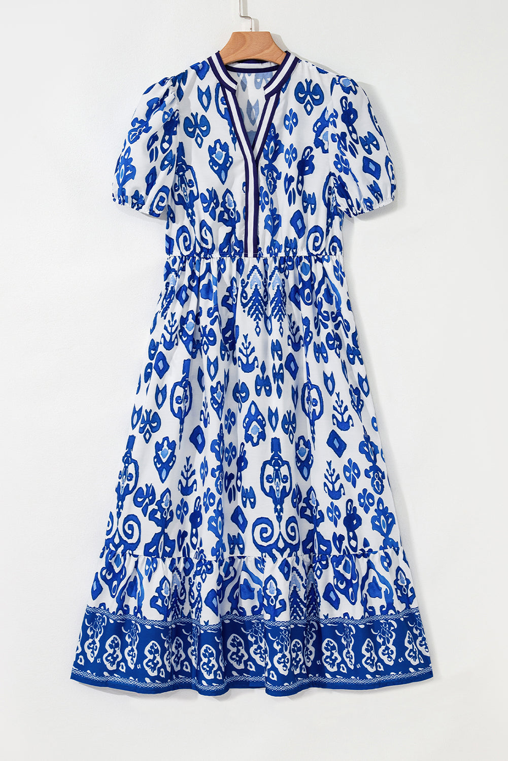 Women's Sky Blue Floral Puff Short Sleeve V Neck High Waist Maxi Dress at LivelyLooks