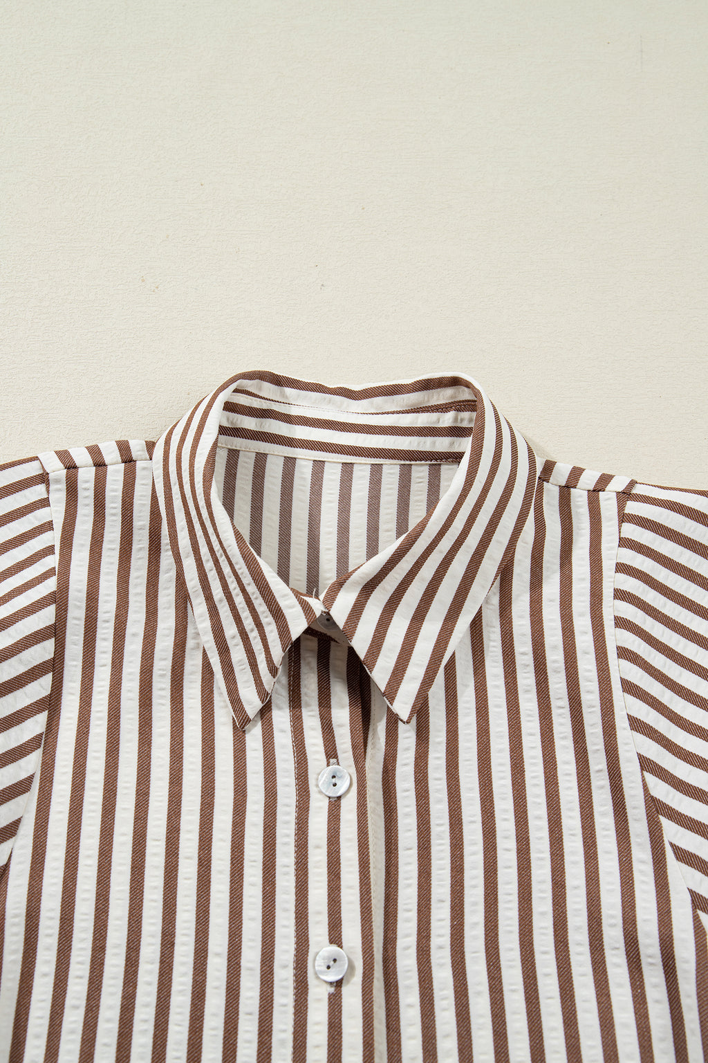 Brown Stripe Knot Waist Puff Sleeve Button Down Mini Shirt Dress S-XL
