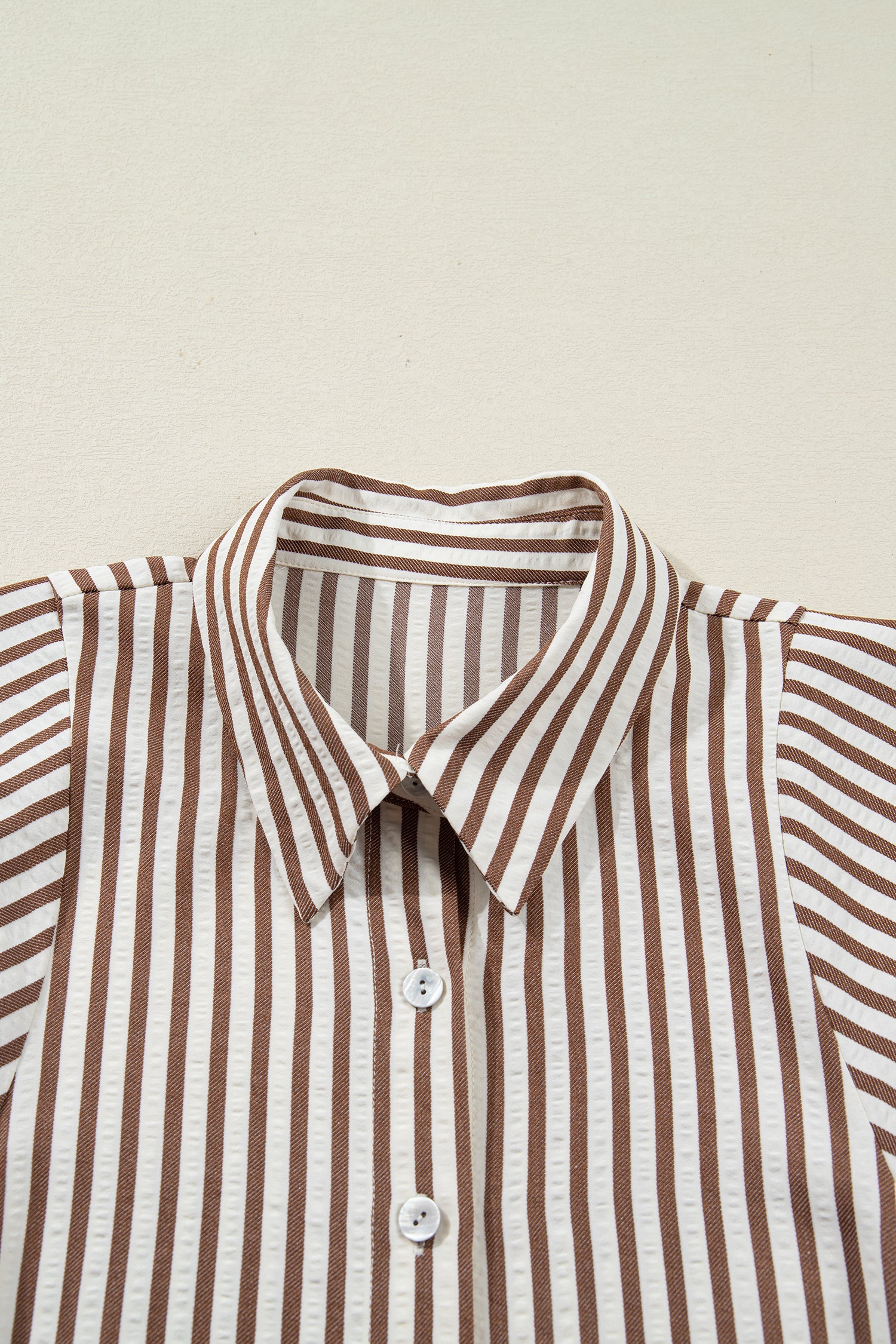 Brown Stripe Knot Waist Puff Sleeve Button Down Mini Shirt Dress S-XL