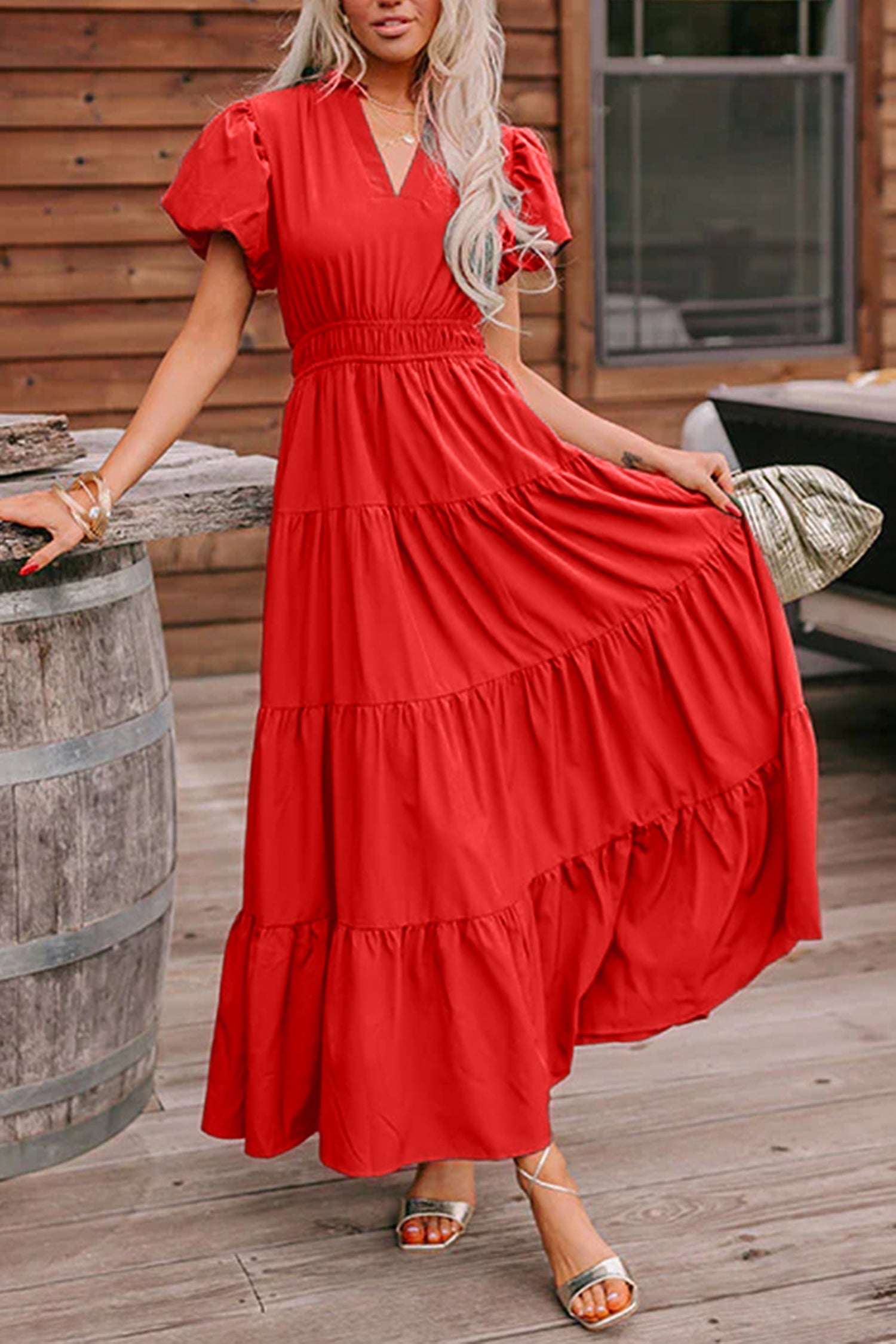 Women's Solid Colour V Neck Puff Sleeve High Waist Tiered Maxi Dress | S-XL at LivelyLooks