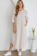 Khaki Stripe Frilled Collar Shirt Maxi Dress | Half Sleeve