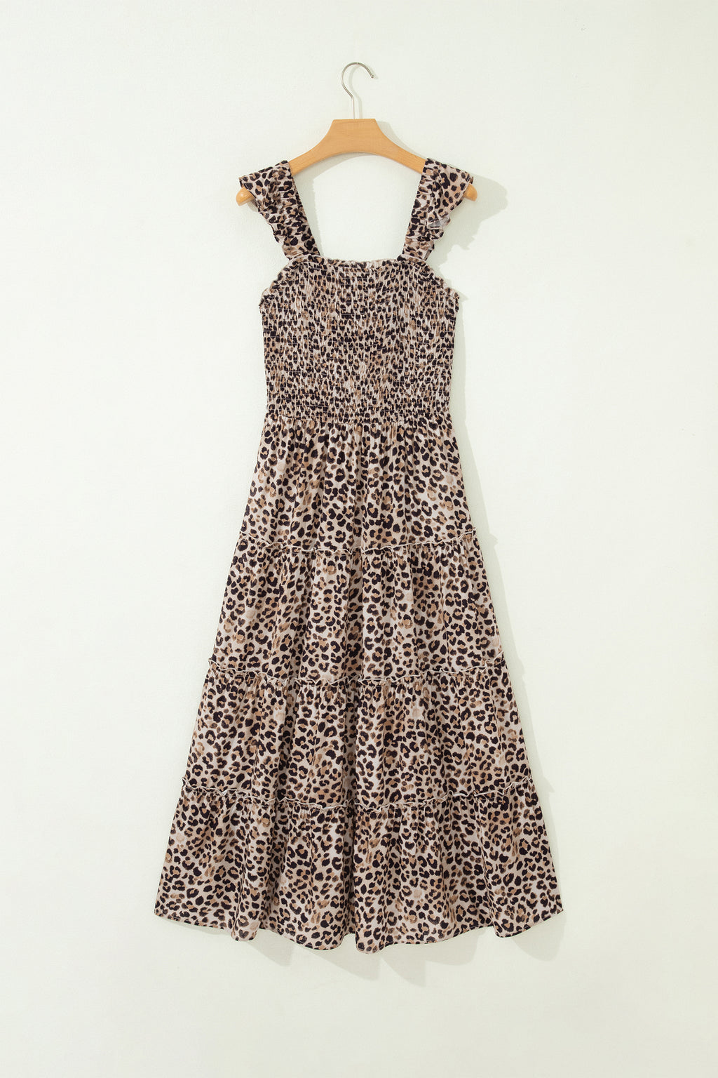 Brown Leopard Print Smocked Ruffled Strap Tiered Maxi Dress