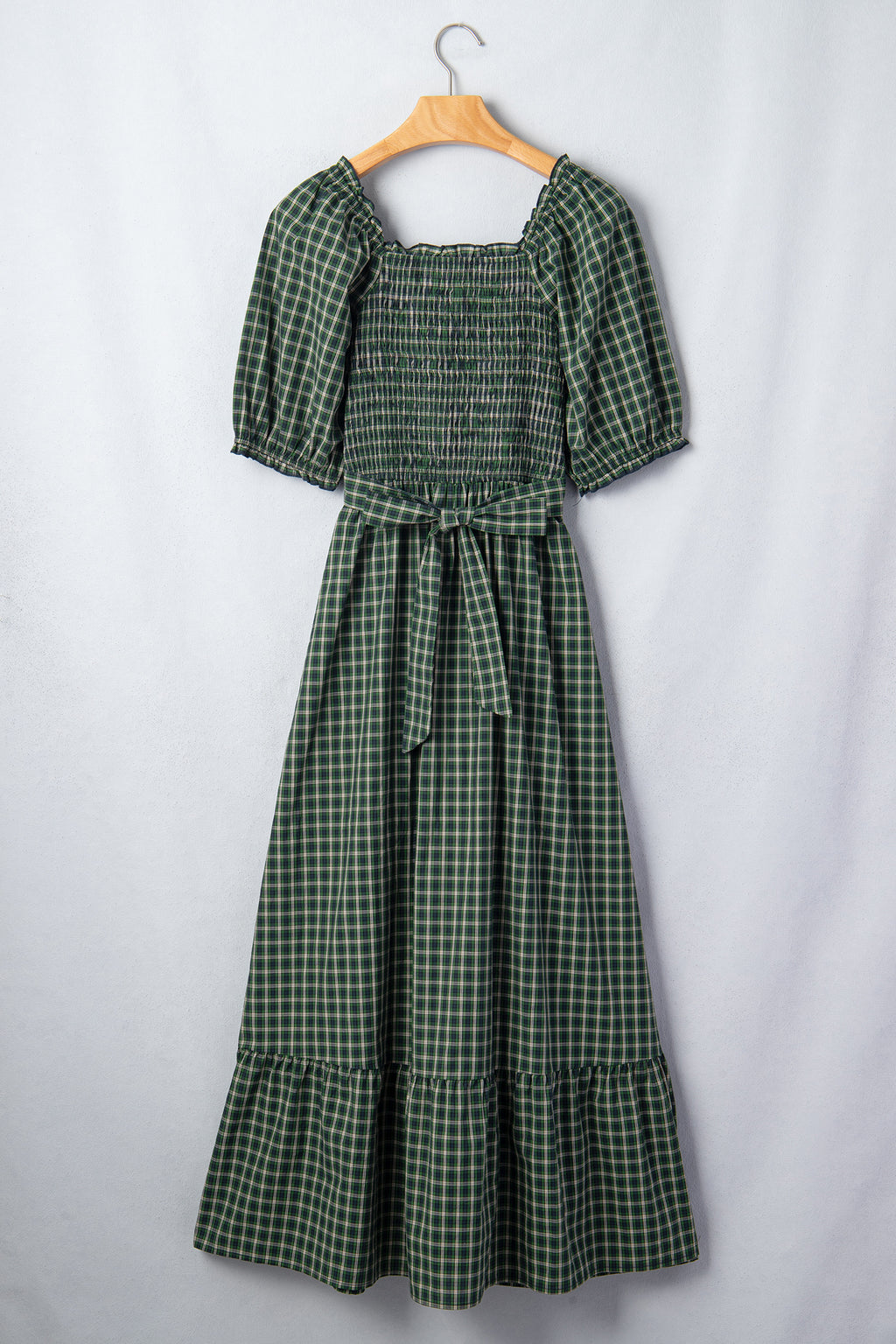Green Plaid Square Neck Shirred Ruffle Hem Mini Dress S-XL