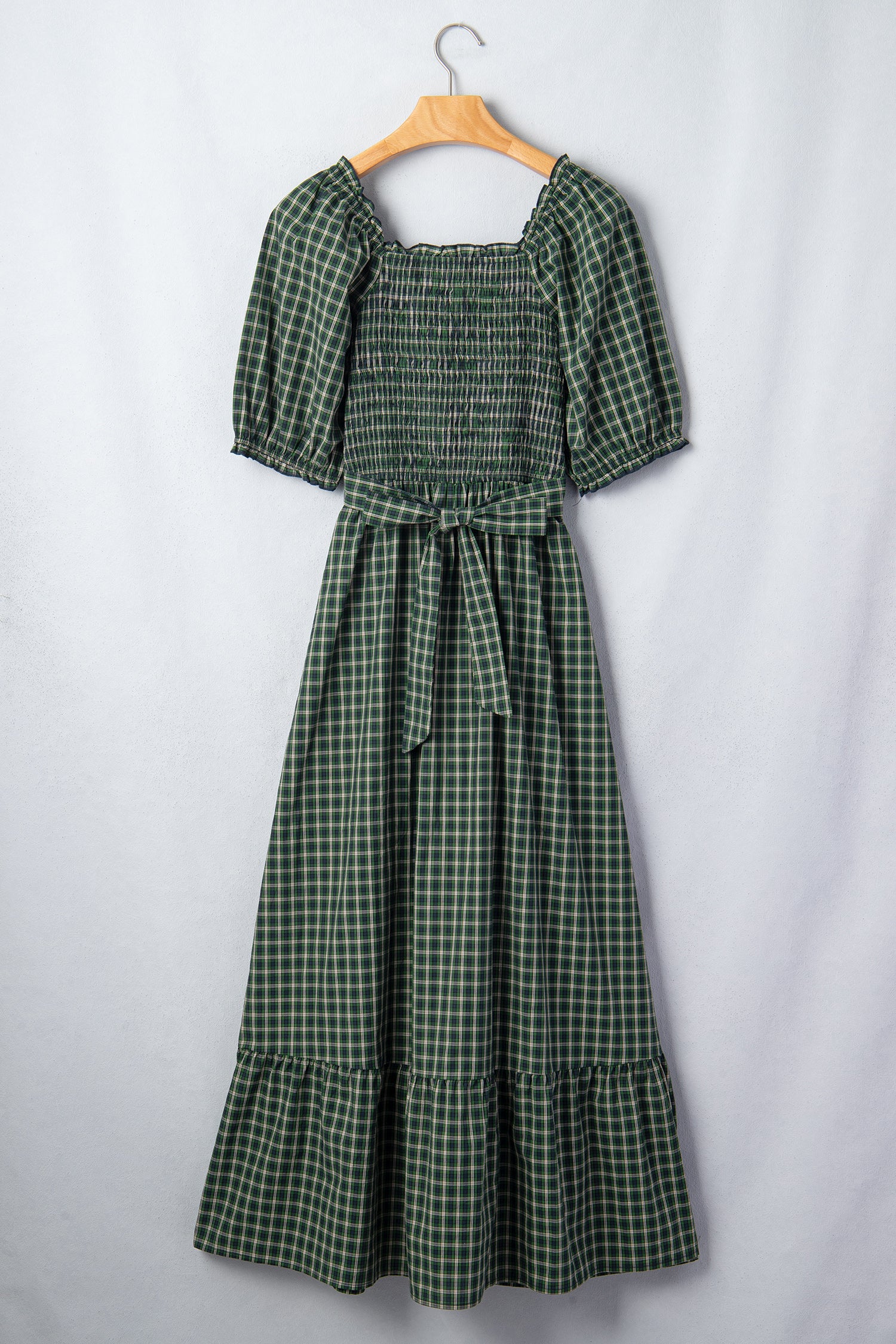 Green Plaid Square Neck Shirred Ruffle Hem Mini Dress S-XL