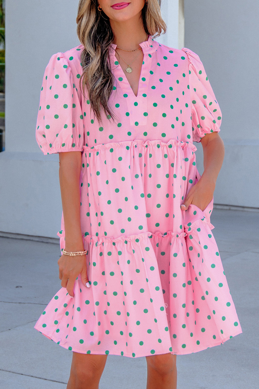 Pink Polka Dot Print V Neck Short Sleeve Tiered Mini Dress | UK 8–22