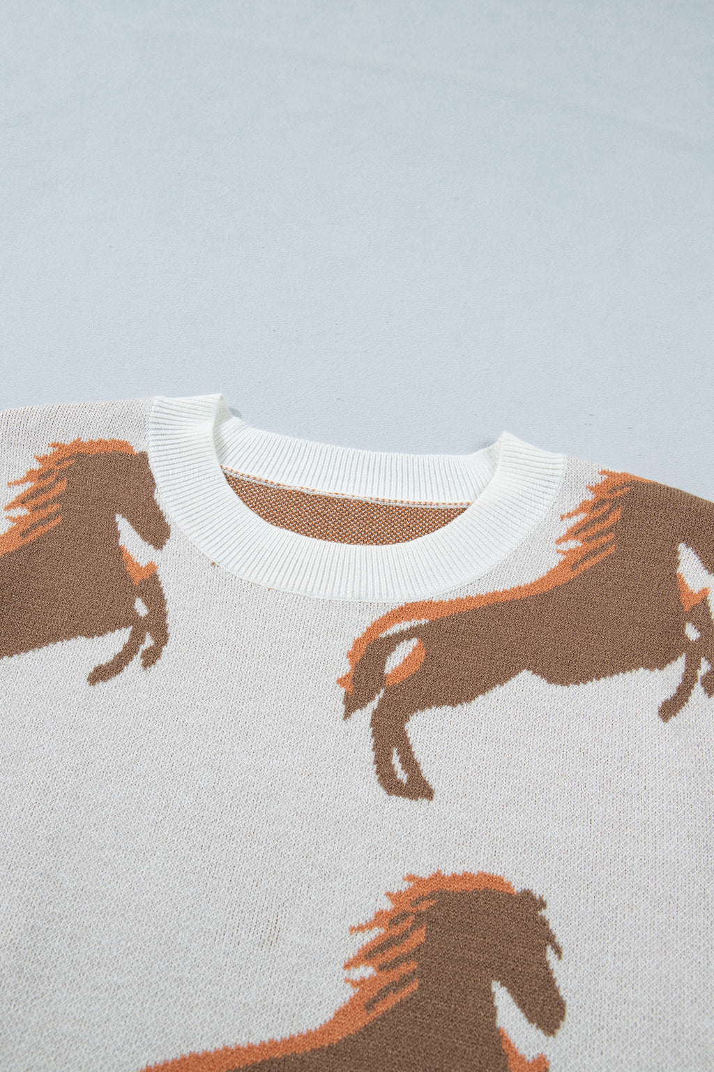 White Western Horse Print Sweater Short Puff Sleeve Women S-XL