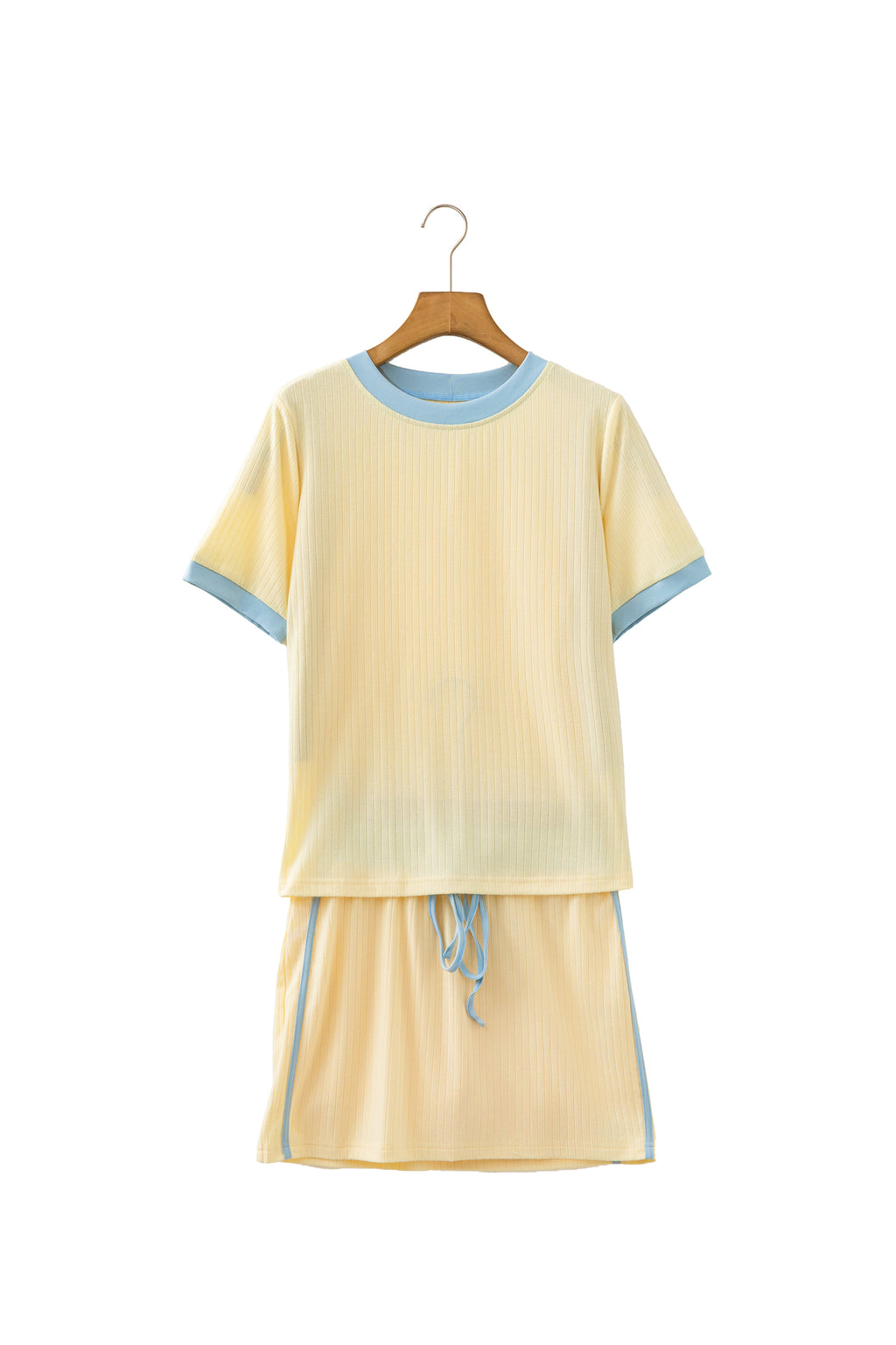 Yellow Ribbed Knit Colour Block Tee & Drawstring Skirt Set | UK 8–22