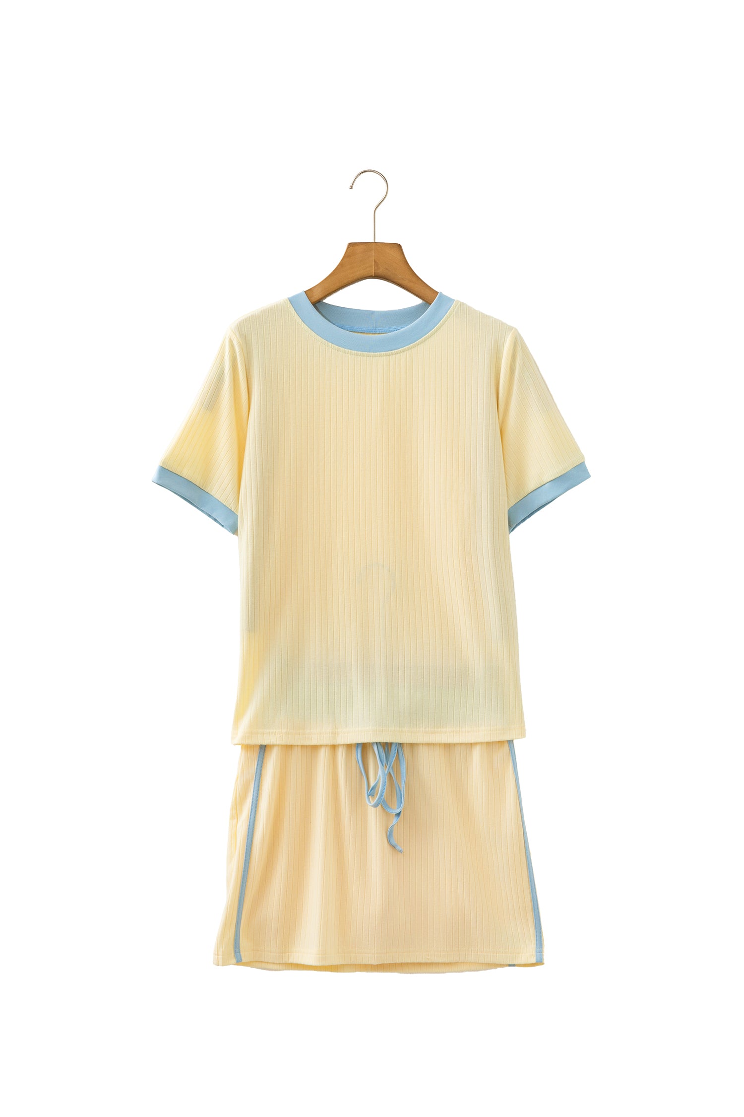 Yellow Ribbed Knit Colour Block Tee & Drawstring Skirt Set | UK 8–22