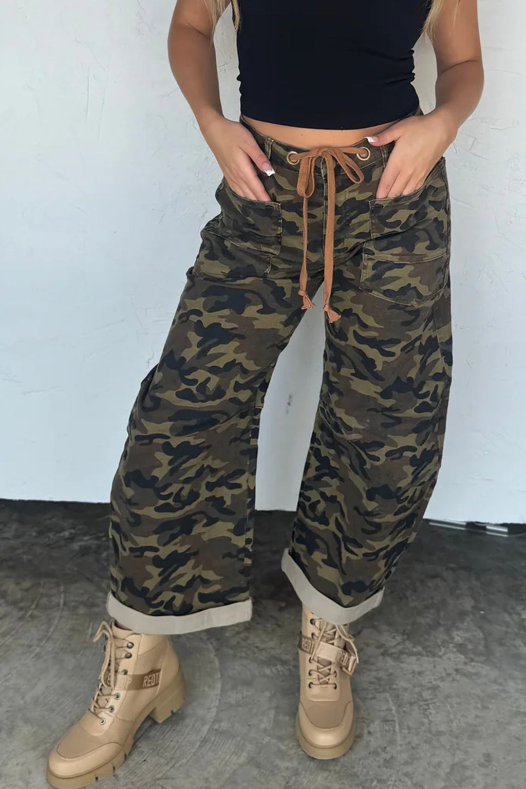 Multicolour Camouflage Print Retro Grommet Tie Waist Loose Jeans | UK 8–20