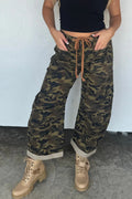 Multicolour Camouflage Print Retro Grommet Tie Waist Loose Jeans | UK 8–20
