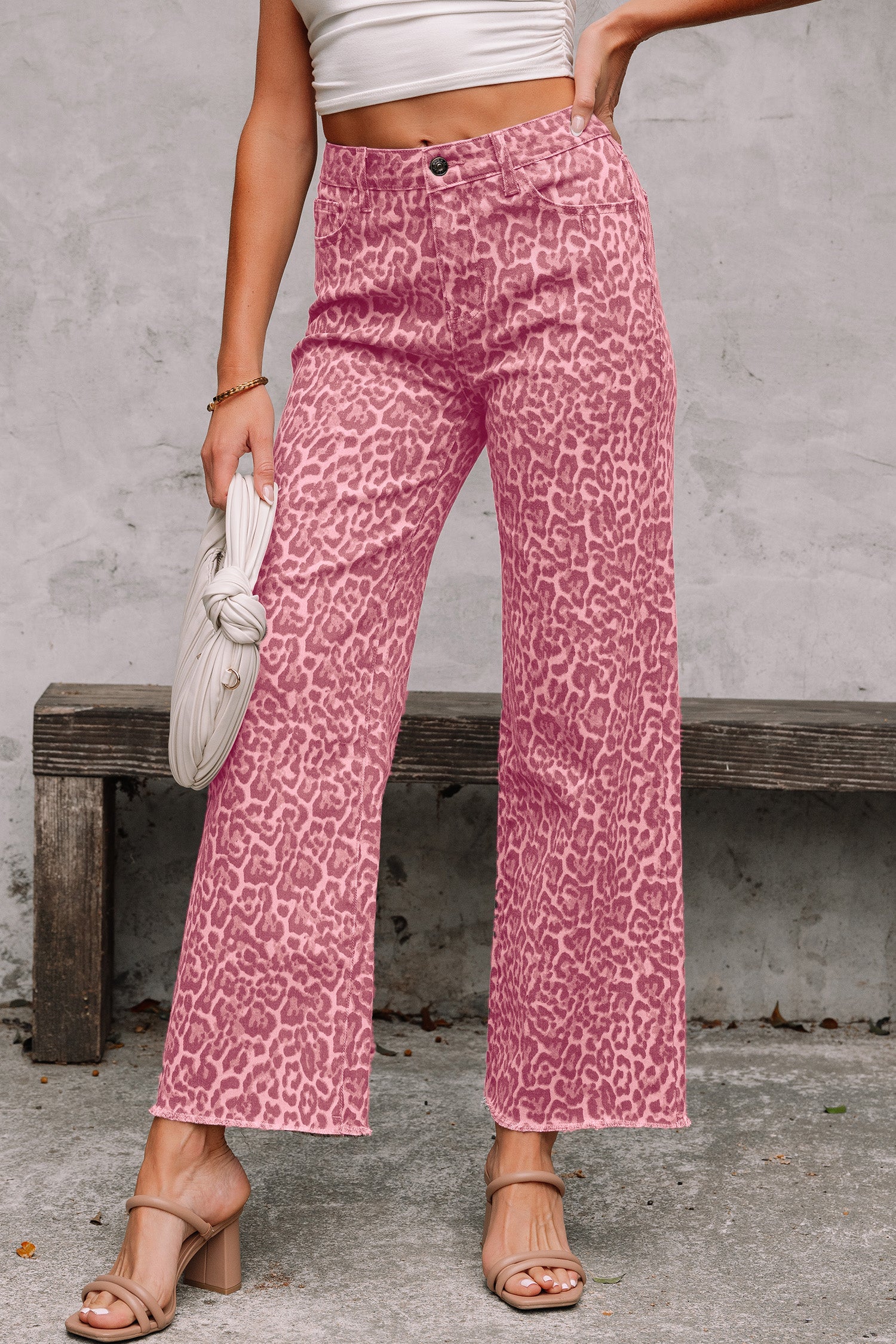 Women's Leopard Print Wide Leg High Waist Jeans | Brown, Grey, Blue & Pink at LivelyLooks