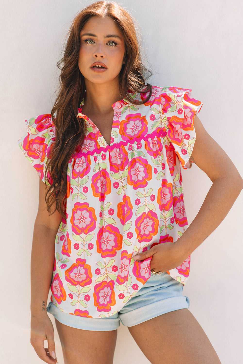 Women's Pink Floral Ruffled Sleeve Ric-rac Trim Split Neck Loose Blouse Summer Holiday Top at LivelyLooks