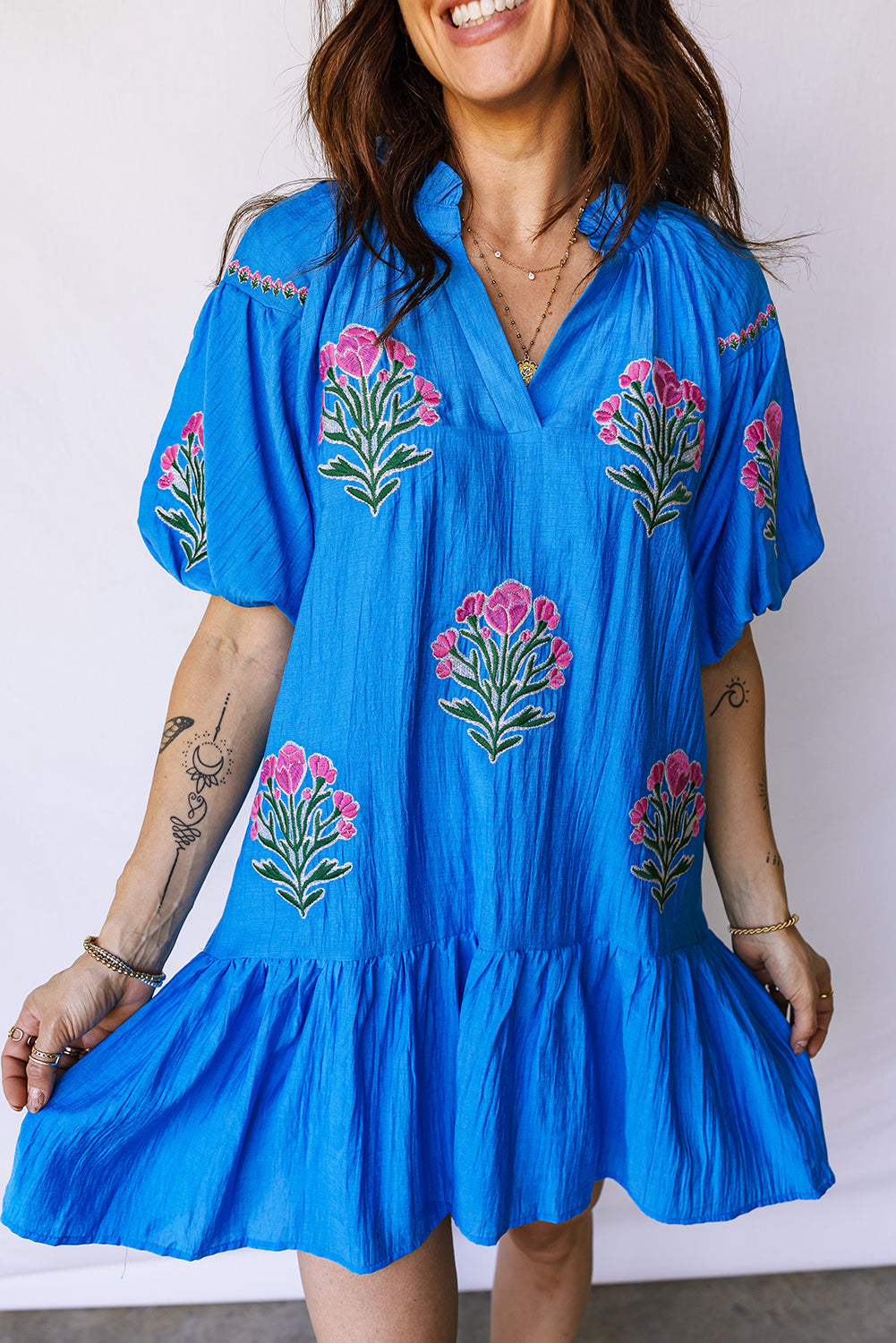 Blue Flower Embroidered Split Neck Puff Sleeve Ruffle Hem Mini Dress S-XL