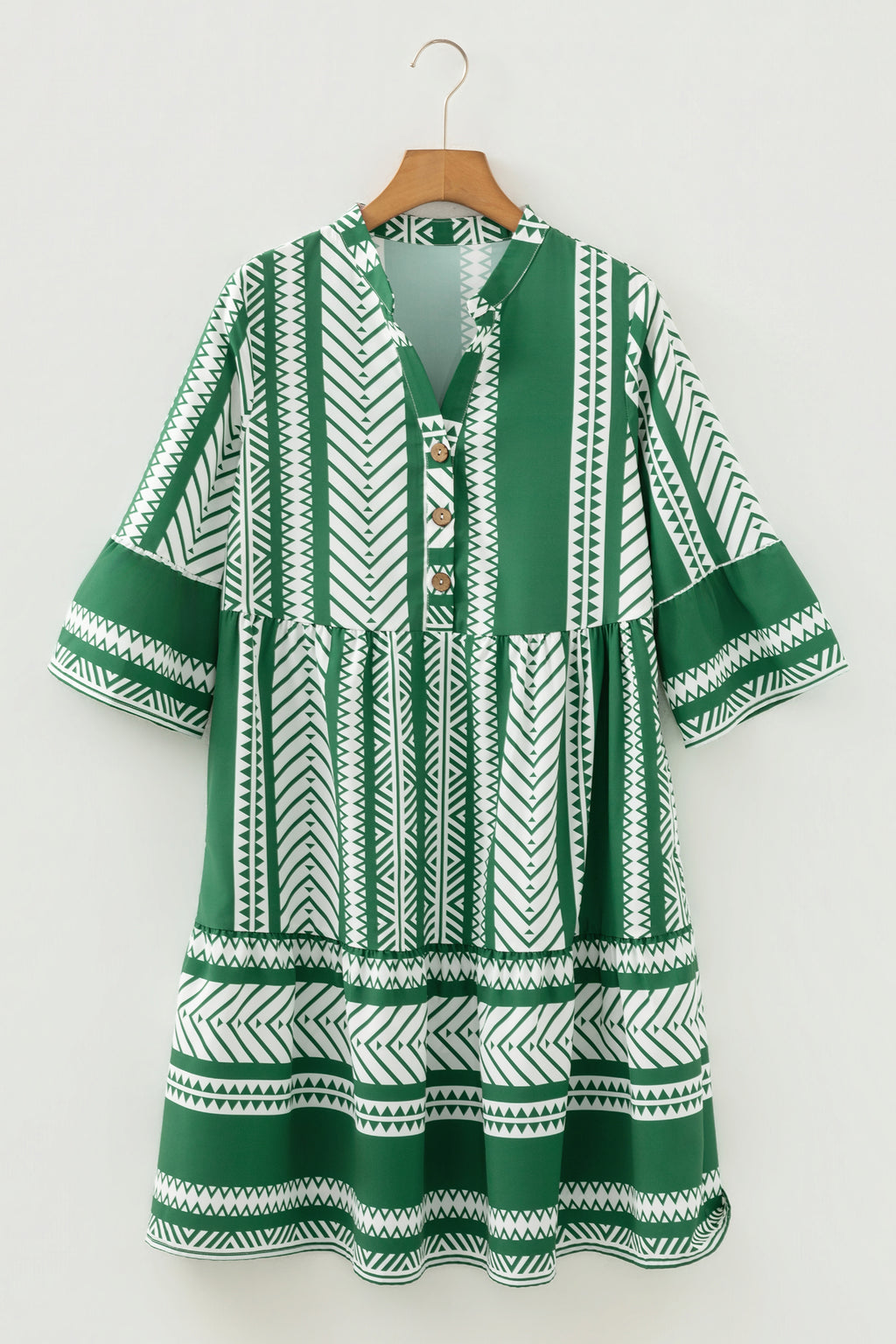 Green Boho Ethnic Print Casual Dress Half Button 3/4 Sleeve Women S-XL