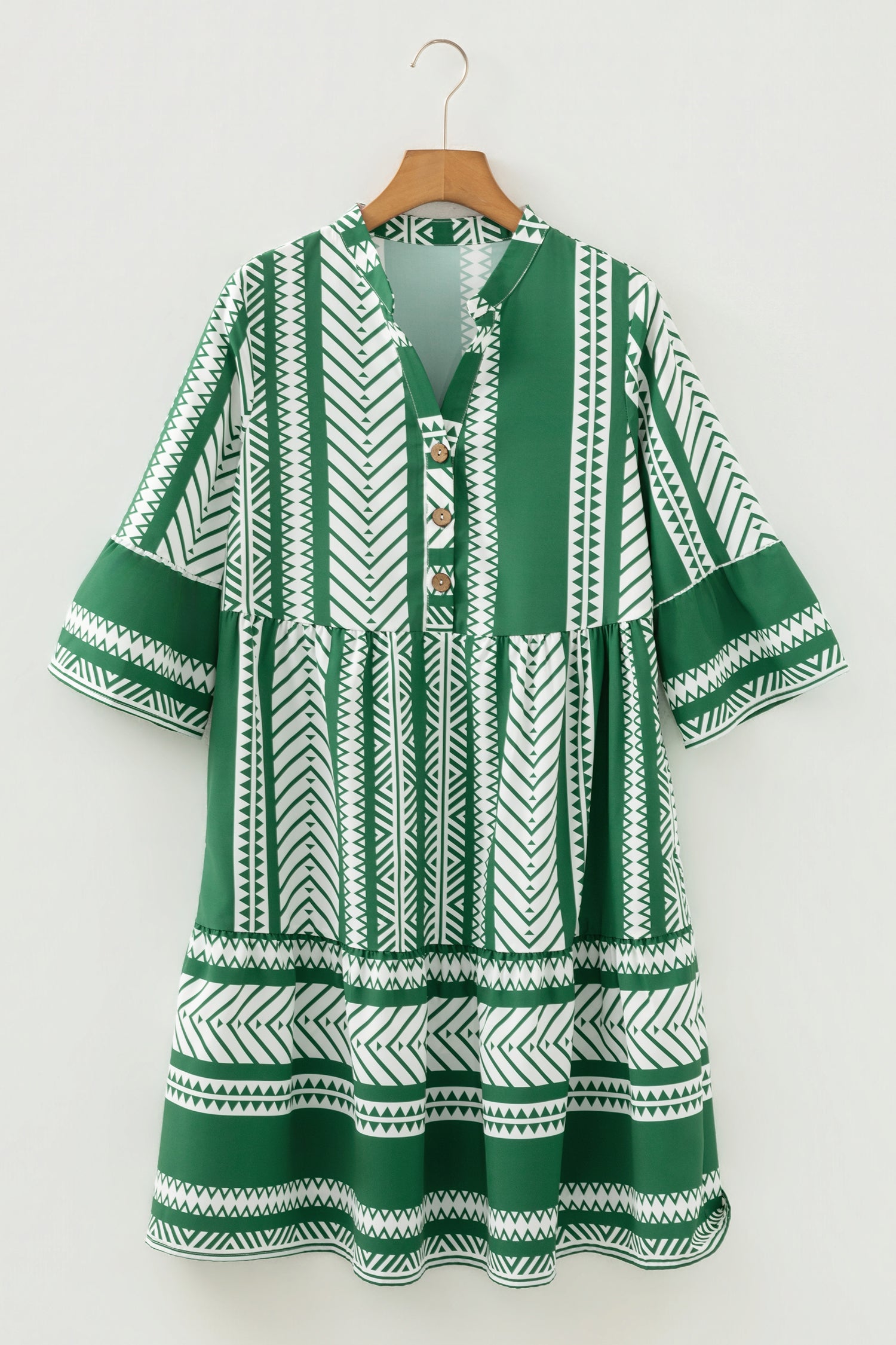 Green Boho Ethnic Print Casual Dress Half Button 3/4 Sleeve Women S-XL