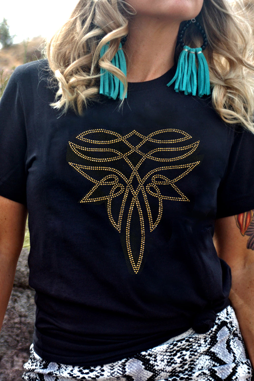 Shop Black Rhinestone Western Pattern Graphic T-Shirt S-3XL at LivelyLooks
