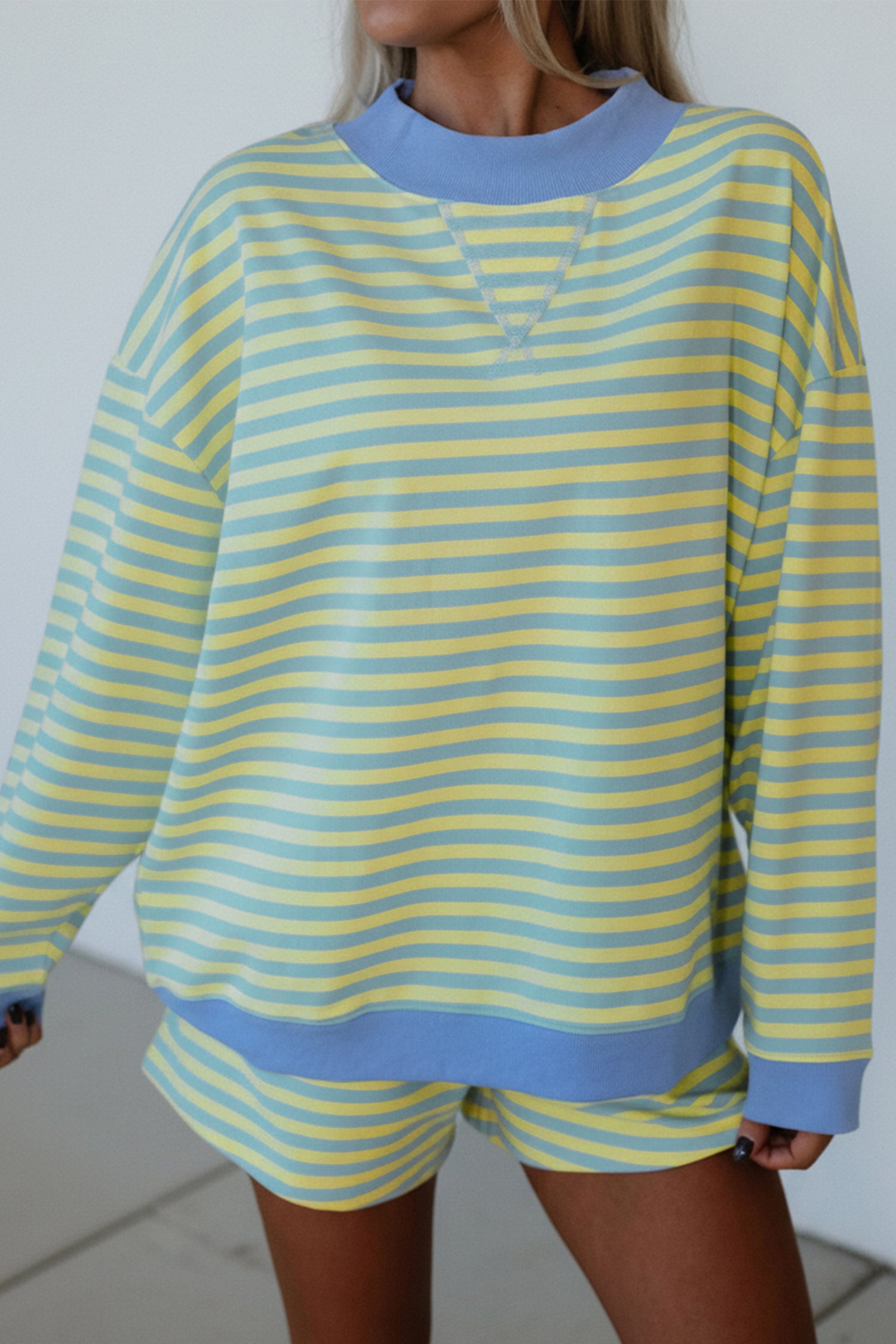 Stripe Colour Block Long Sleeve Pullover & Shorts Set | Pink, Yellow & Green Stripe