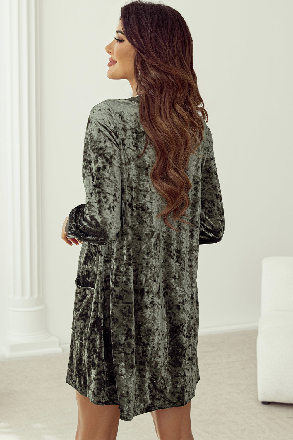 Jungle Green Velvet V Neck Long Sleeve Loose Dress with Pockets S-XL