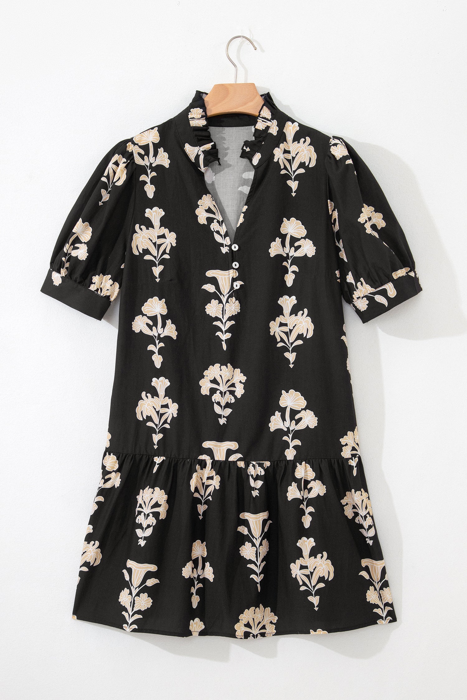 Black & Green Frilled V Neck Puff Sleeve Floral Mini Dress S-XL