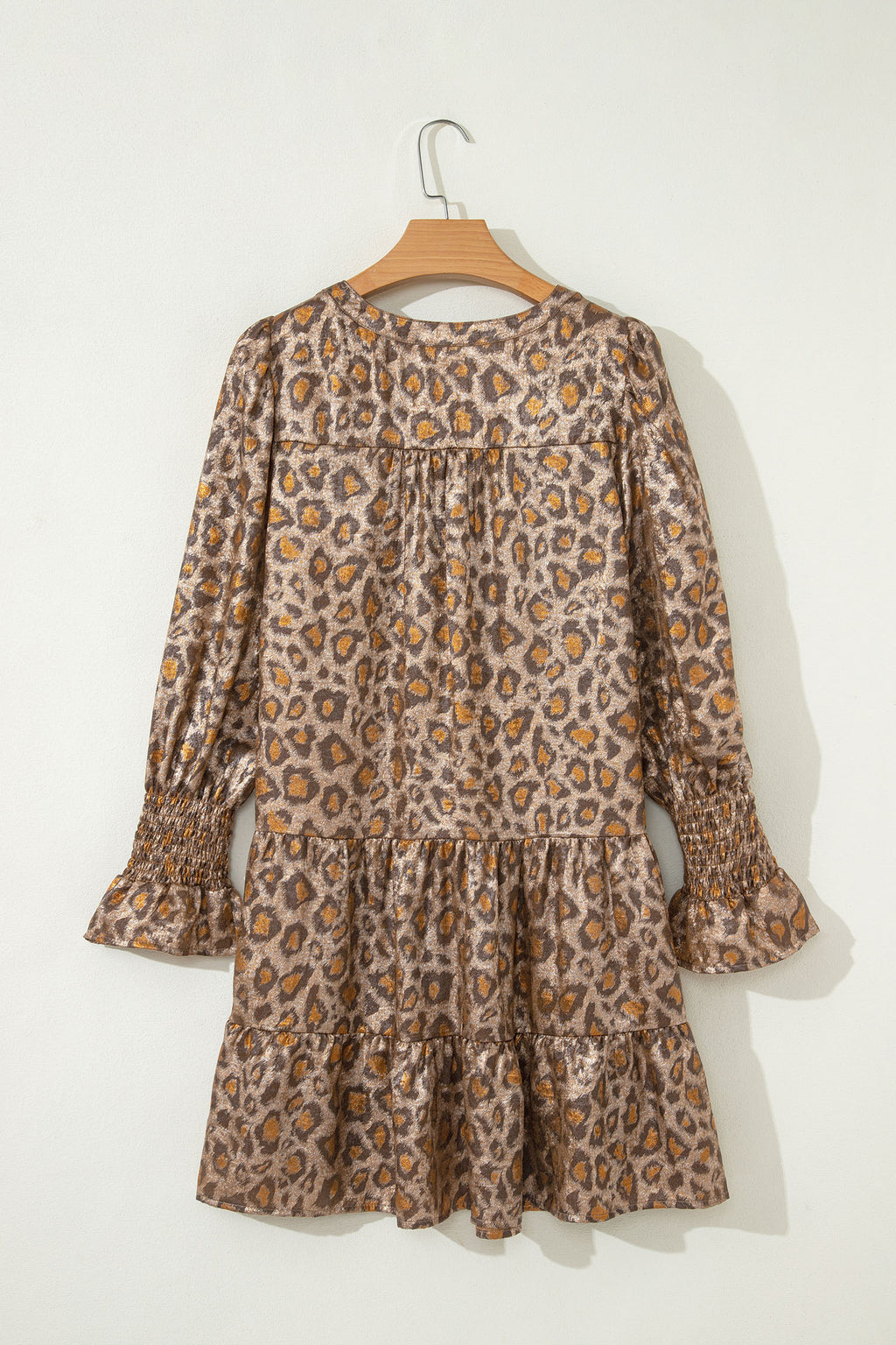 Women's Khaki Leopard Print V Neck Ruffled Sleeve Tiered Mini Dress at LivelyLooks