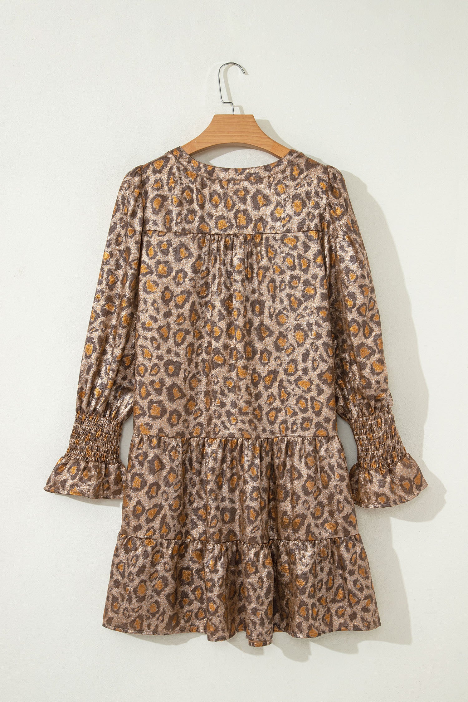 Women's Khaki Leopard Print V Neck Ruffled Sleeve Tiered Mini Dress at LivelyLooks