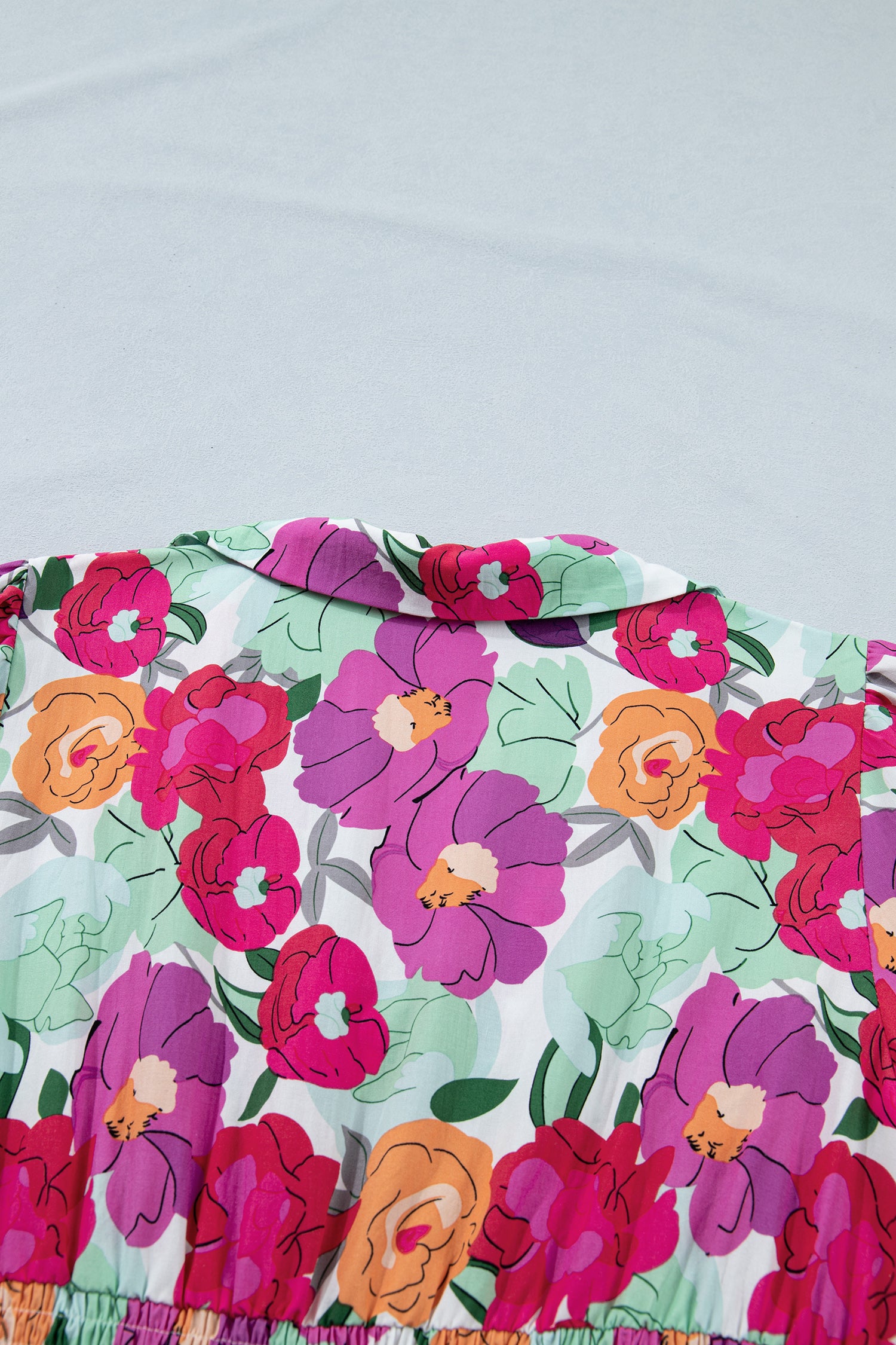 Rose Floral Print Zip Front Shirred Waist Flared Half Sleeve Midi Dress S-XL