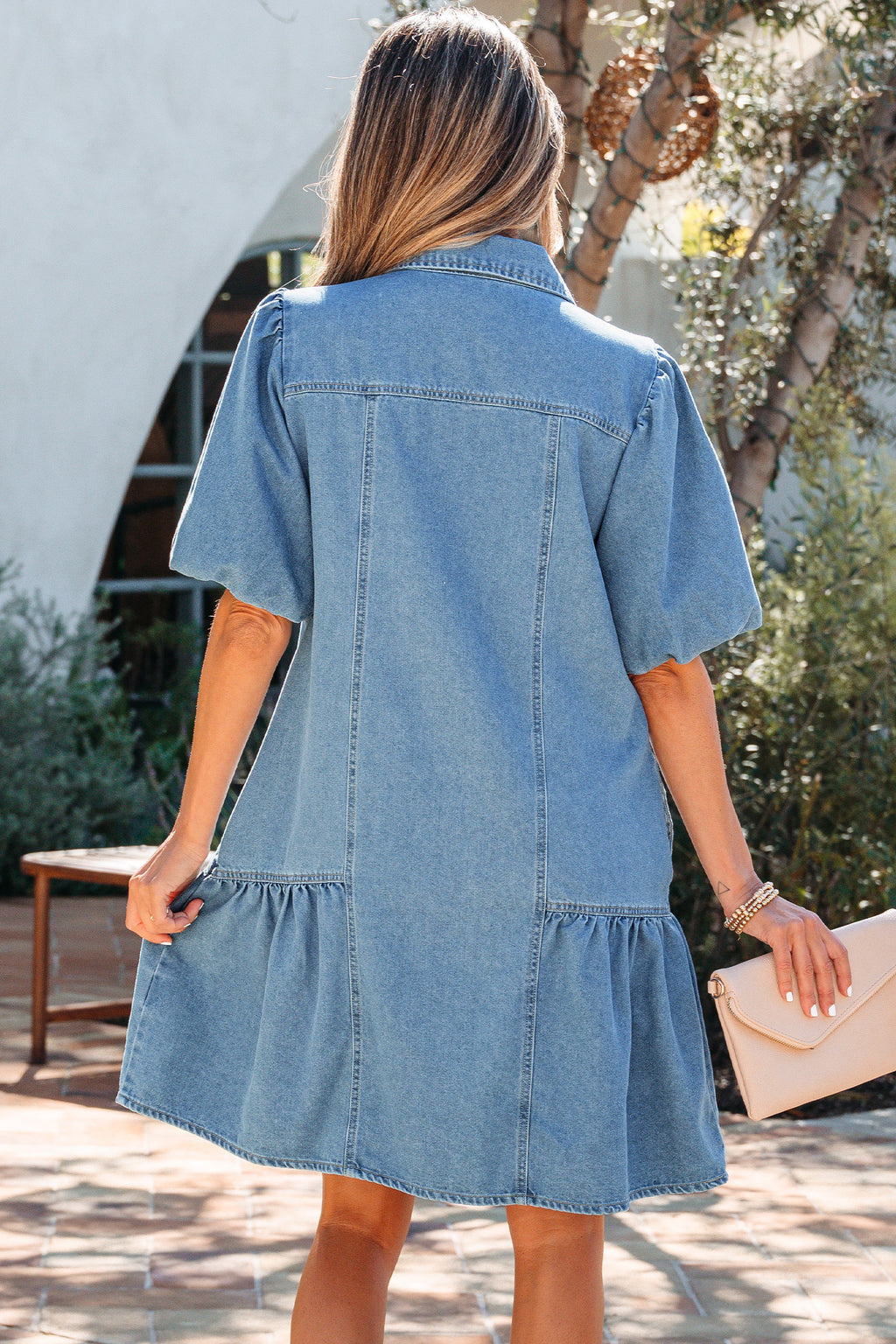 Women's Blue Patchwork Denim Mini Dress Button Down Puff Sleeve Ruffle Hem at LivelyLooks