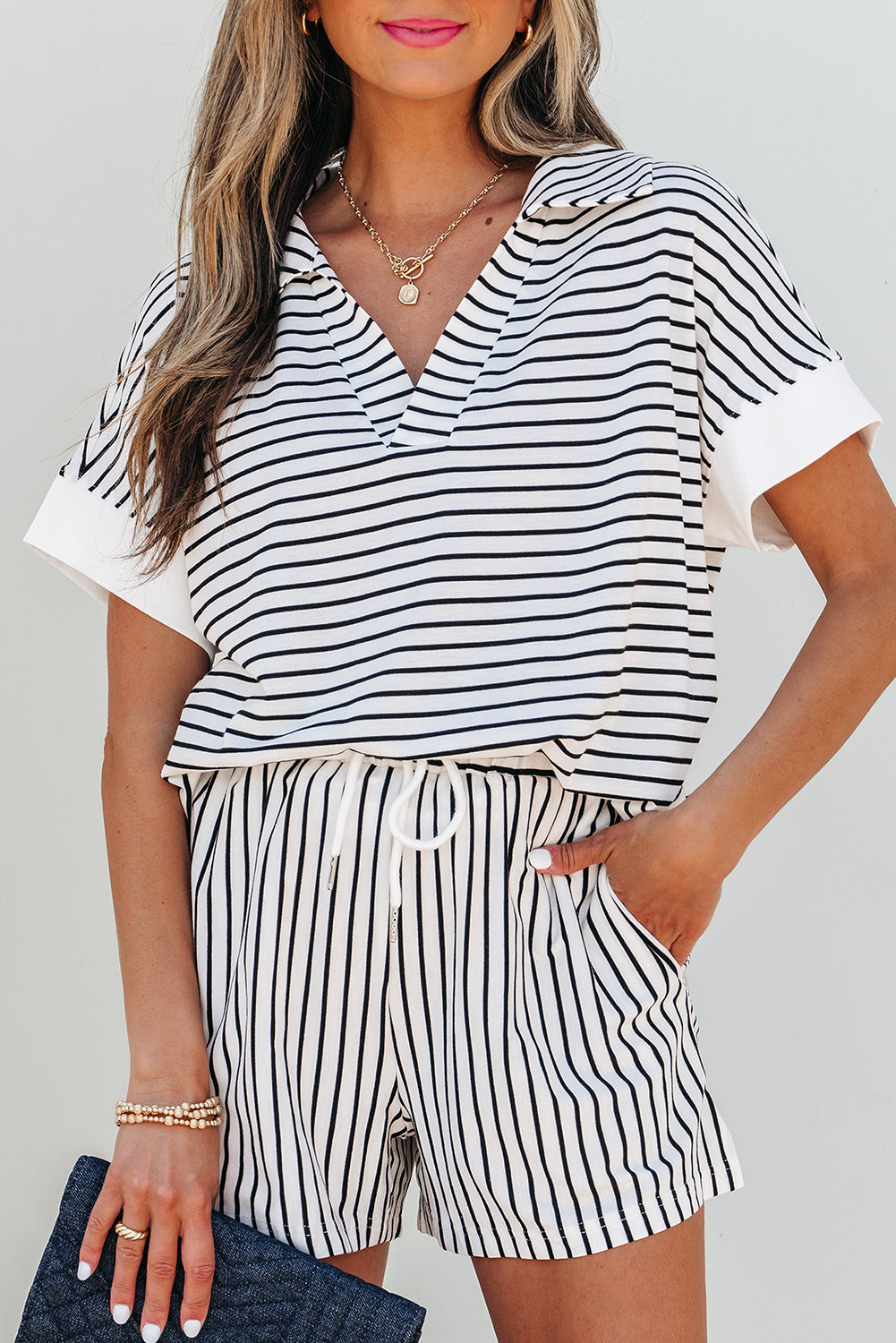 Black Stripe V-Neck Tee & Shorts Co-ord Set | 2-Piece