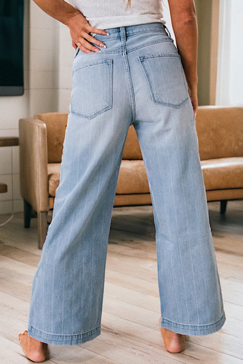Shop Beau Blue Multi Buttons Pinstripe Wide Leg Jeans at LivelyLooks