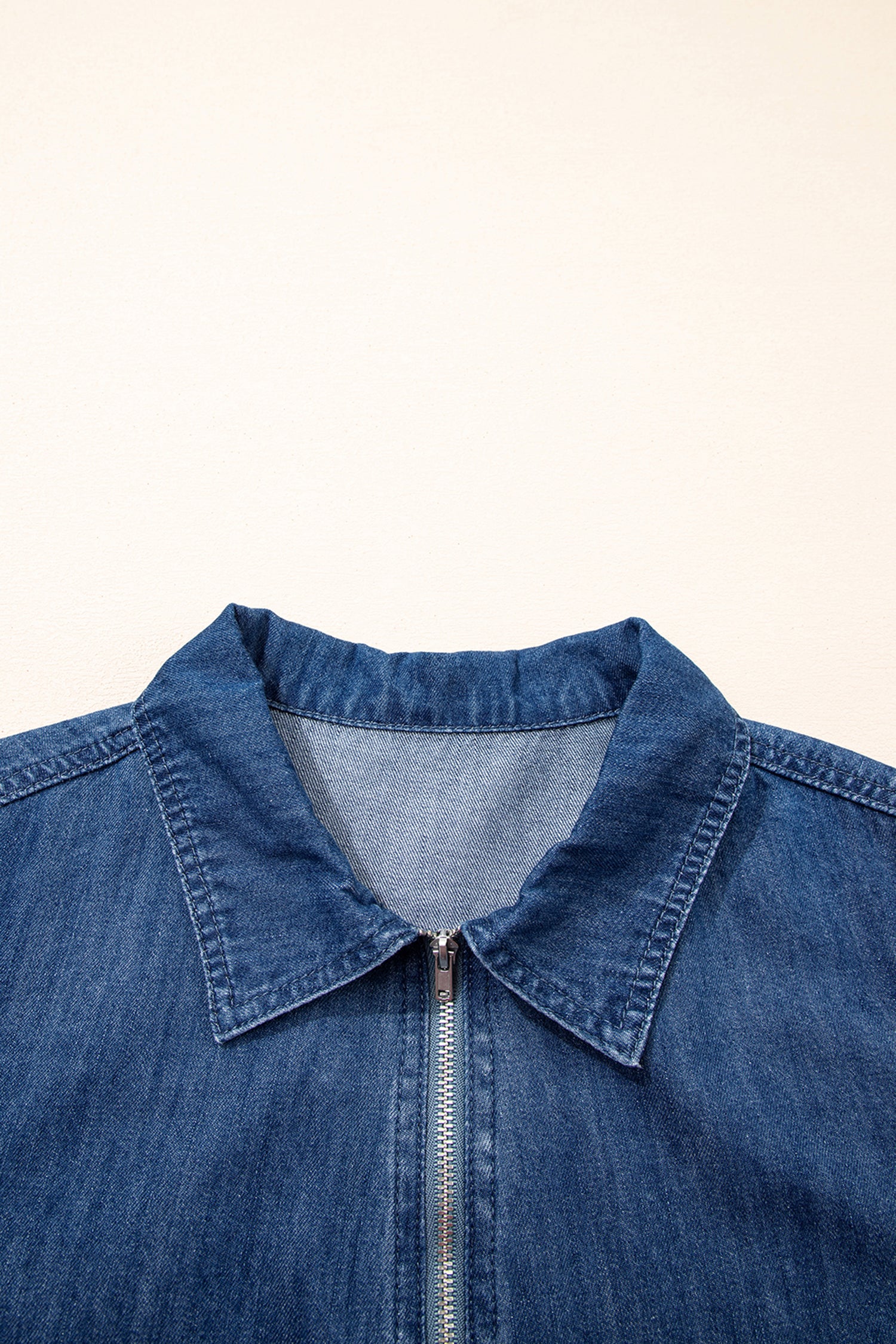 Blue Collared Zip-Up Short Sleeve Shift Mini Denim Dress