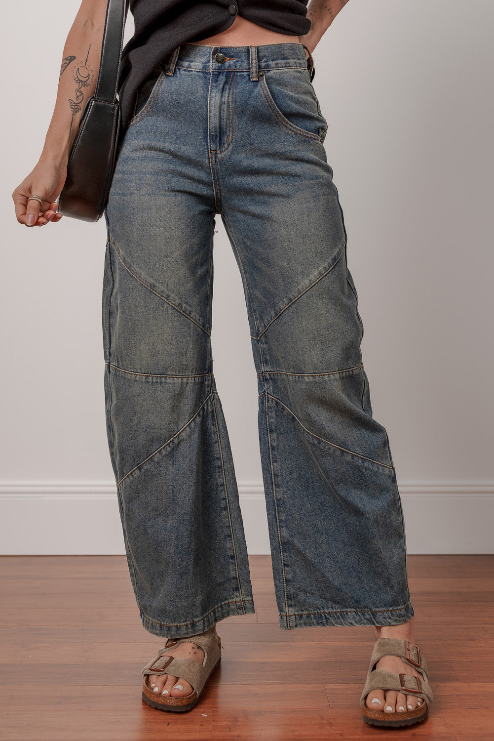 Shop Sail Blue Exposed Stitching Loose Straight High Waist Barrel Jeans at LivelyLooks
