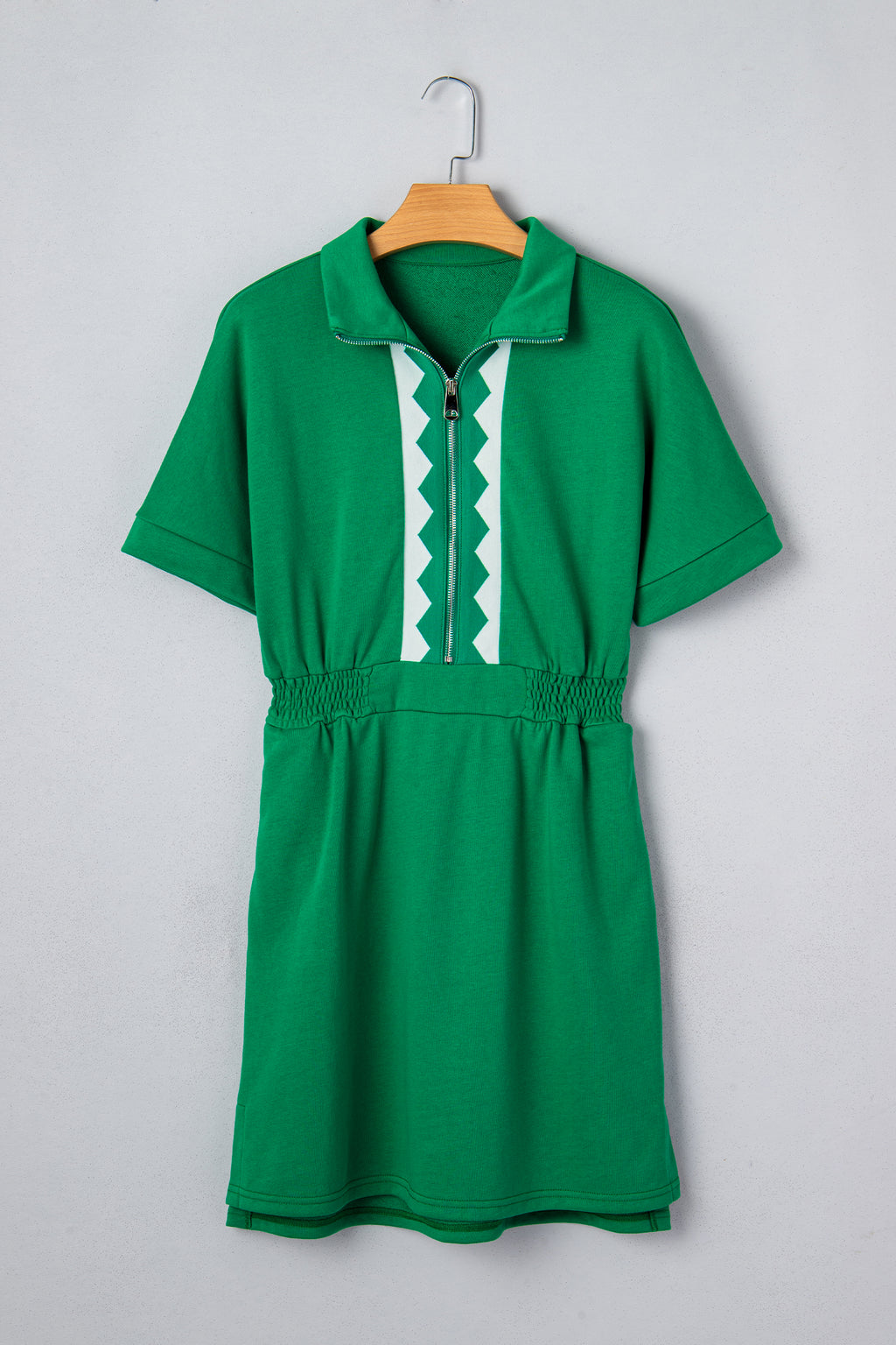 Bright Green Contrast Patchwork Half Zip Elastic Waist Mini Dress S-XL