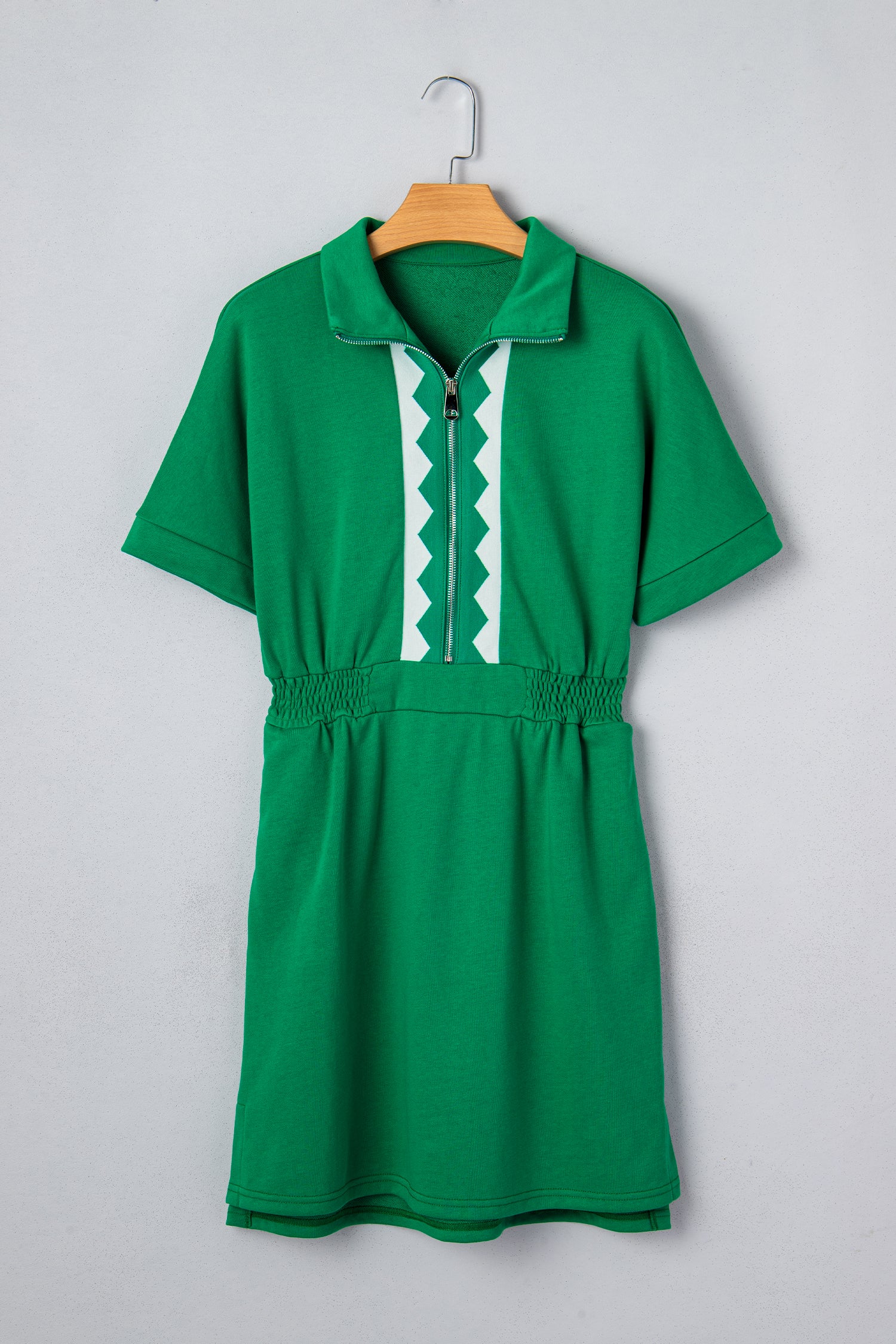 Bright Green Contrast Patchwork Half Zip Elastic Waist Mini Dress S-XL