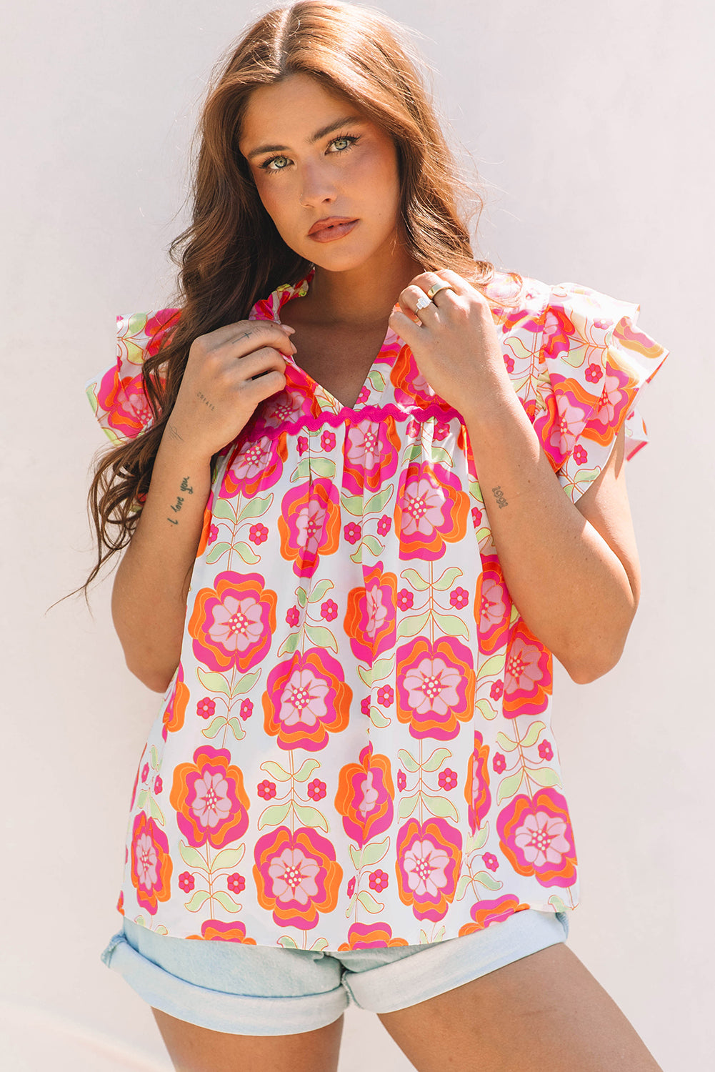 Shop Pink Floral Ruffled Sleeve Ric-rac Trim Split Neck Loose Blouse Summer Holiday Top at LivelyLooks