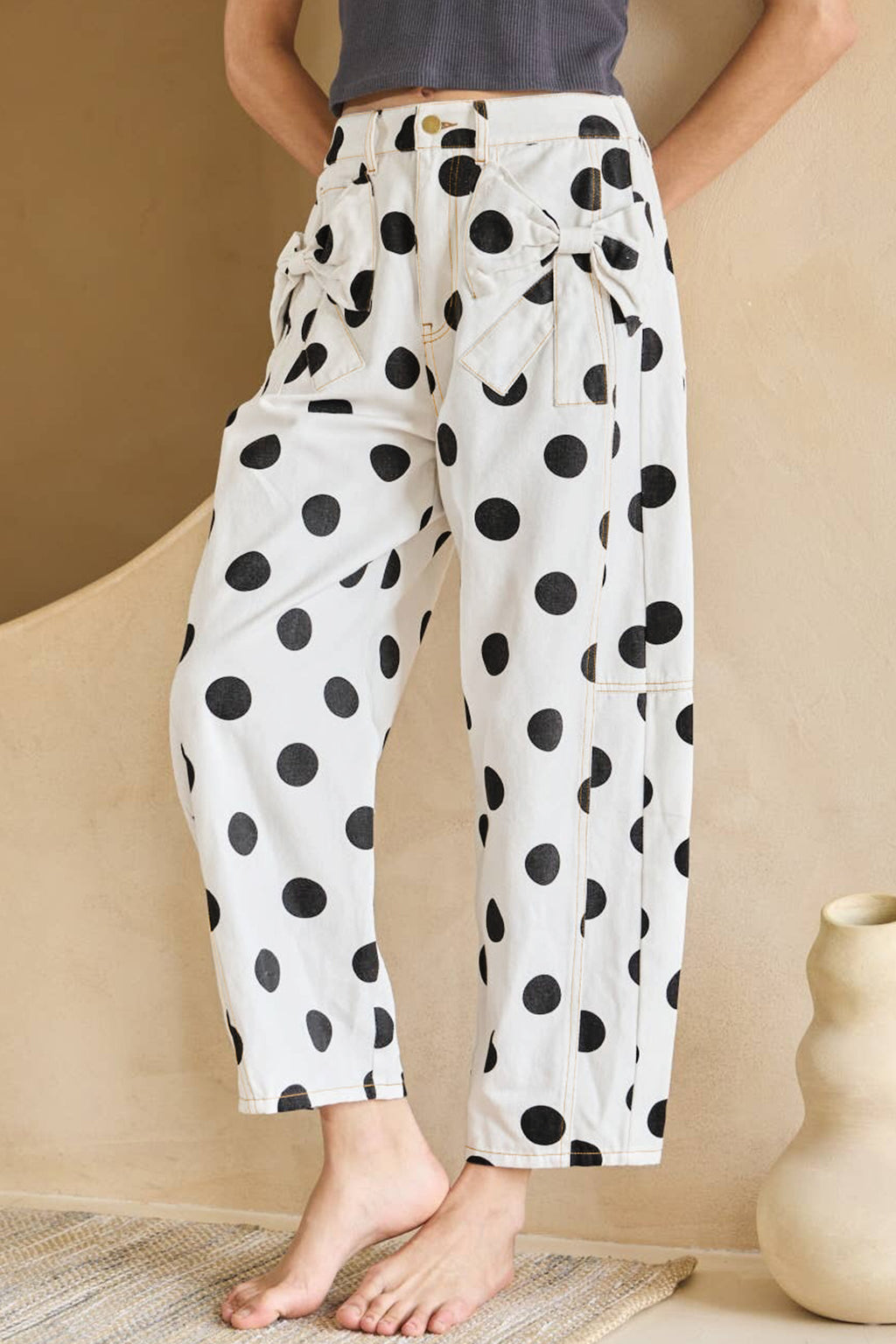 Polka Dot Print Bow Detail Pocketed Loose Jeans | White & Sky Blue